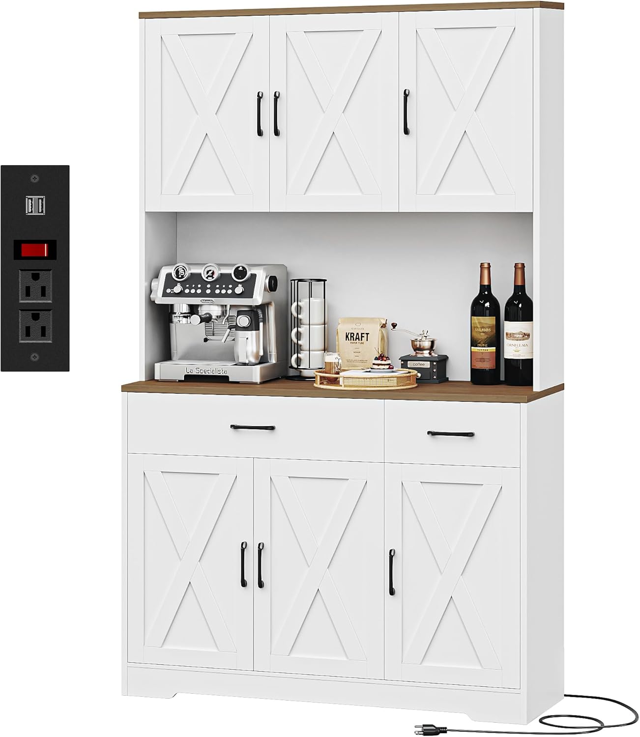 Builtin Stylish White Pantry Cabinet with Built-in Charging Station and Microwave Stand for Modern Living Spaces Stylish White Pantry Cabinet with Built-in Charging Station and Microwave Stand for Modern Living Spaces