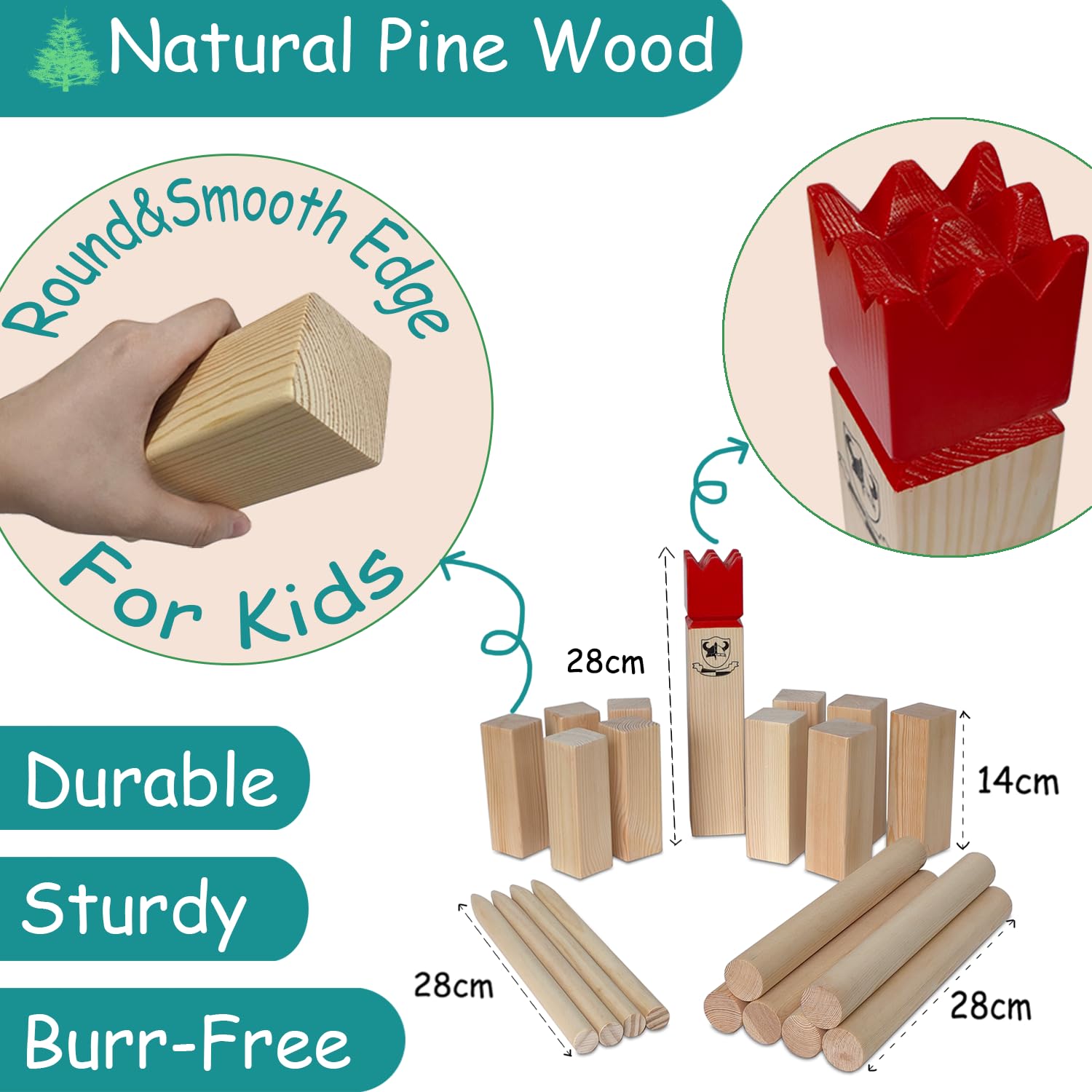 Kubb Outdoor Game Viking Game Hardwood Garden Throwing Toy with Carry Bag (28 x 5.5 x 5.5 cm-King)