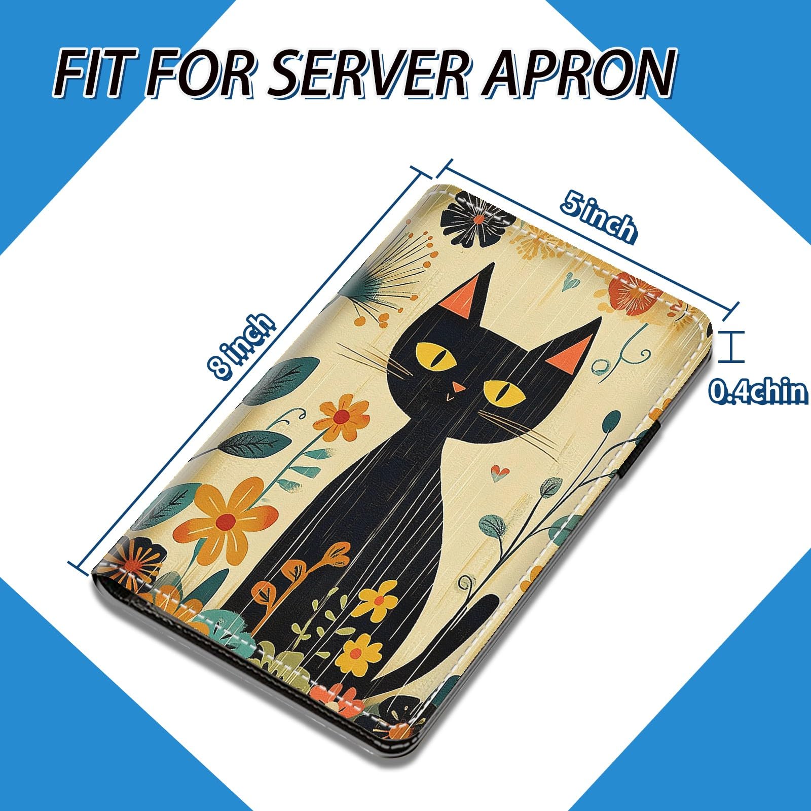 NLZQTTBD Server Books for Waitress Cute Waitress Book PU Leather Server Book with Zipper Wallet Black Serving Book Organizer Fit Server Apron,Abstract Doodle Cat
