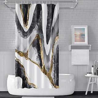65x72inch Black White and Gold Marble Shower Curtain Aesthetic Unique Texture Granite Stone Crystal Mineral Marble Bath Curtain for Home Bathroom Bathtub Decor Waterproof Polyester with Hooks