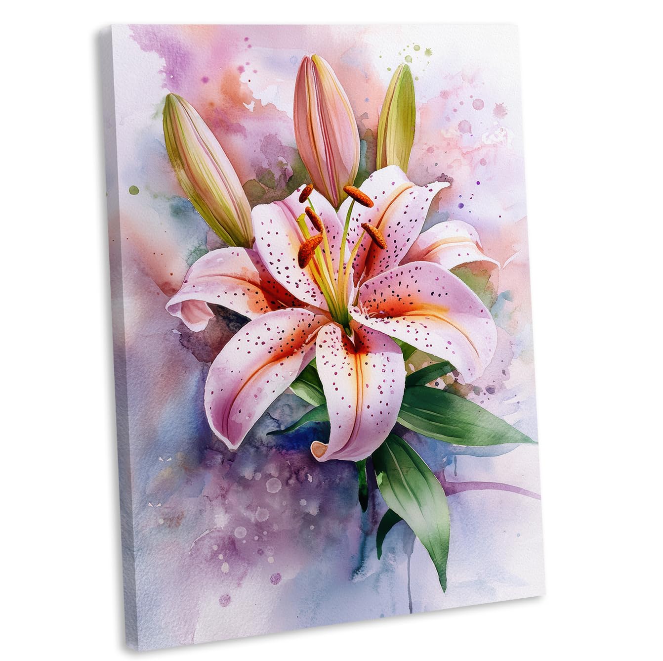 Pink Stargazer Lilly Flowers Canvas Wall Art Print Framed Watercolour Style Floral Picture (76x51cm / 30x20inch)