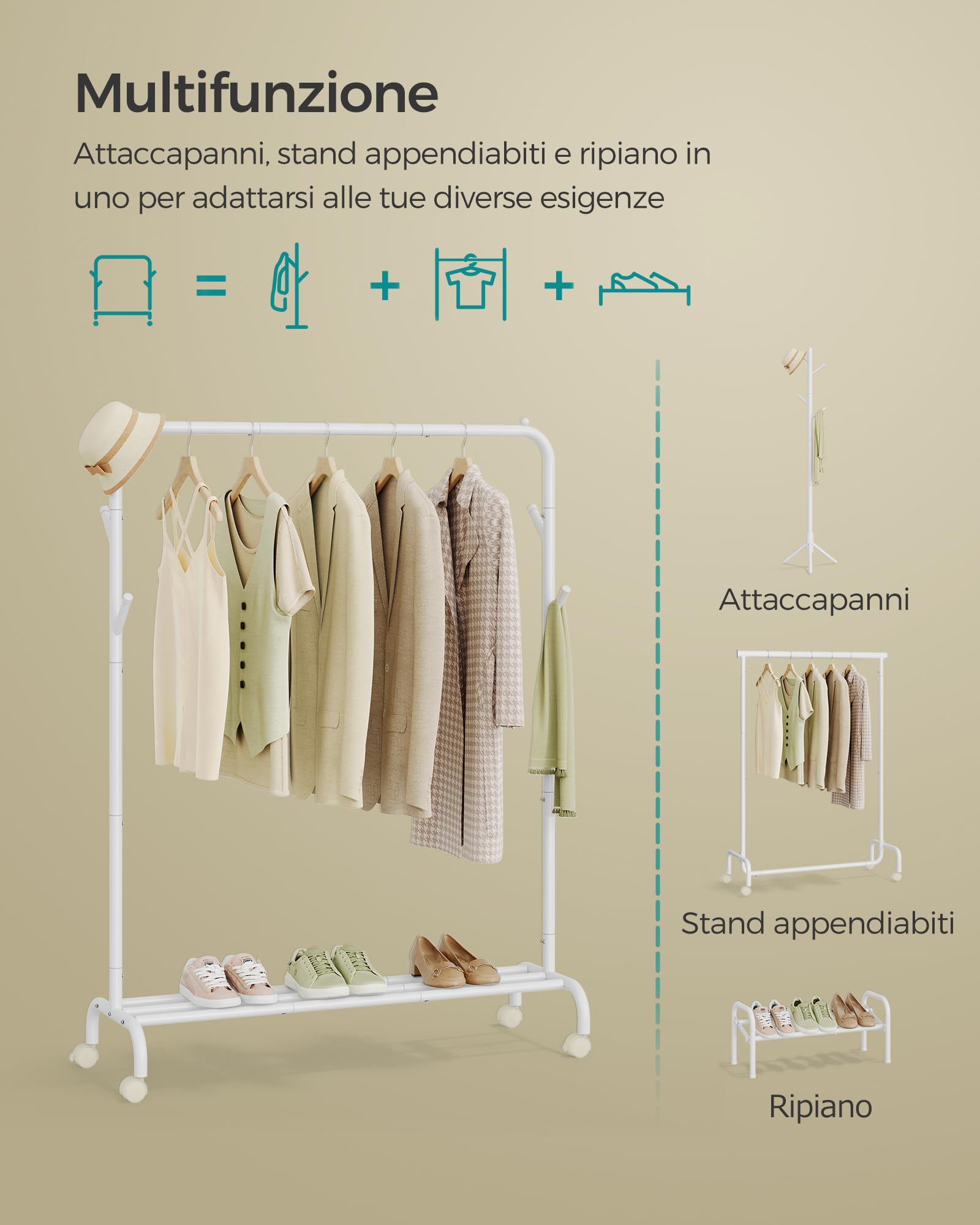 SONGMICS Appendiabiti singolo, struttura in metallo resistente, con ruote e ripiano, portata massima 50 kg, larghezza 103,5 cm, colore: bianco nuvola HSR131W01