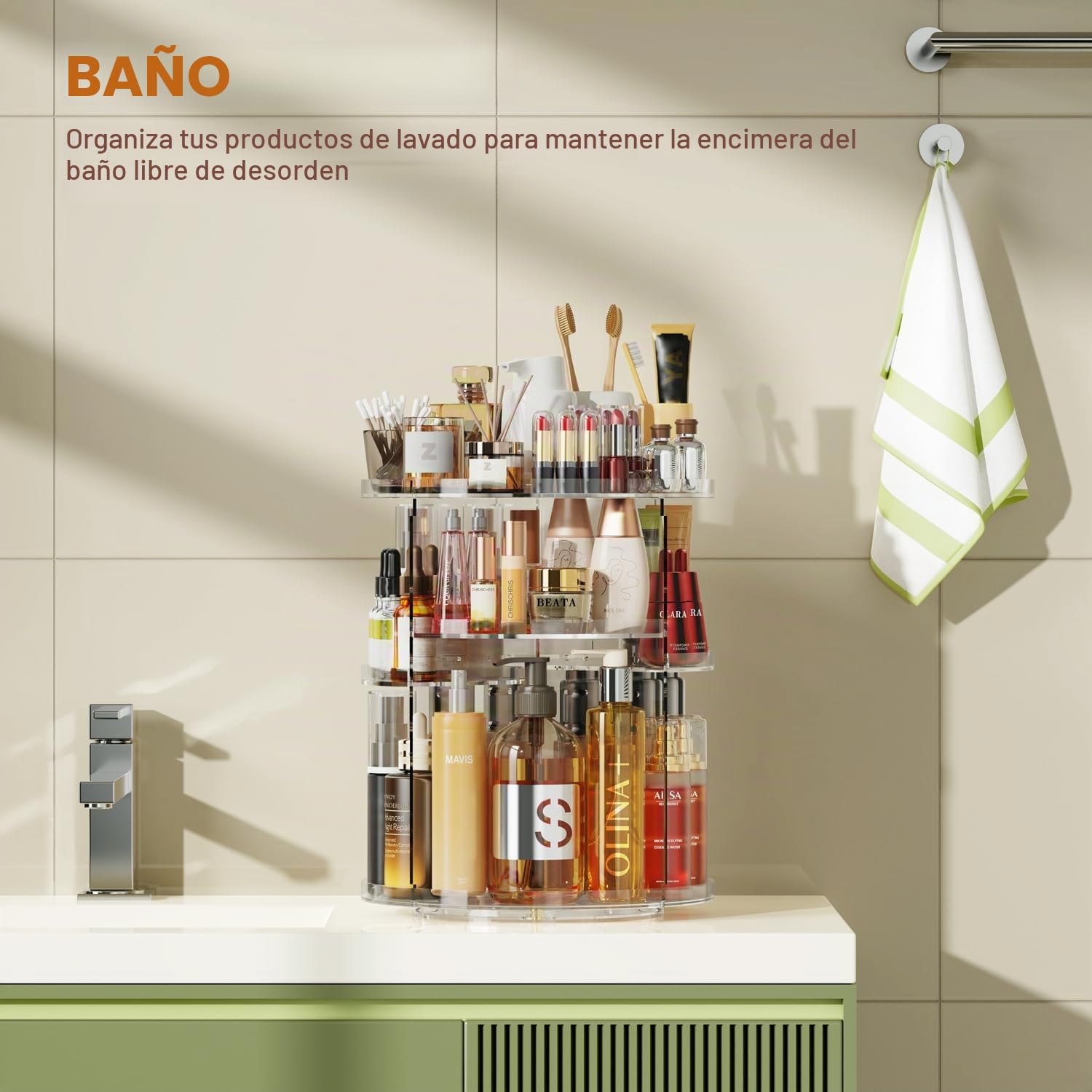 Auxmir Organizador de Maquillaje, Giratorio 360°, Organizador para Perfumes Cremas Pintalabios Skincare, Almacenaje Cosméticos con Capas Ajustables para Tocador Baño, Gran Capacidad