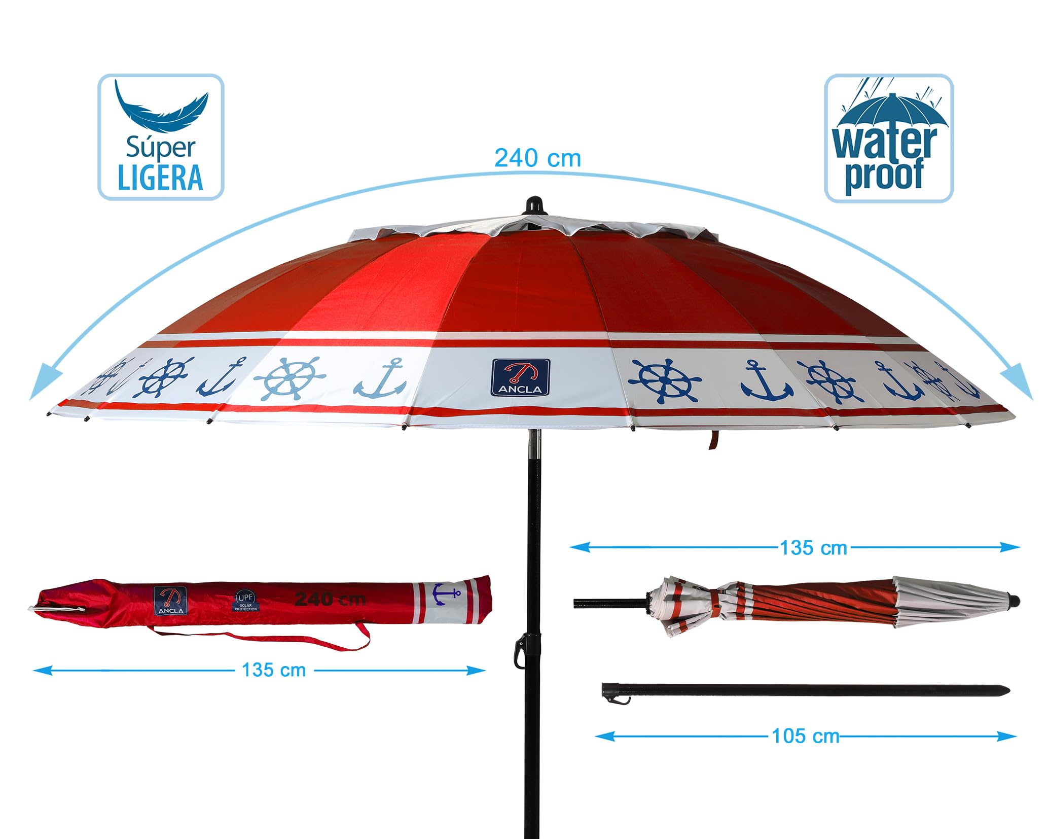 ATOSA atosa sombrilla de playa de aluminio modelo anclas y timón con upf 50+ rojo