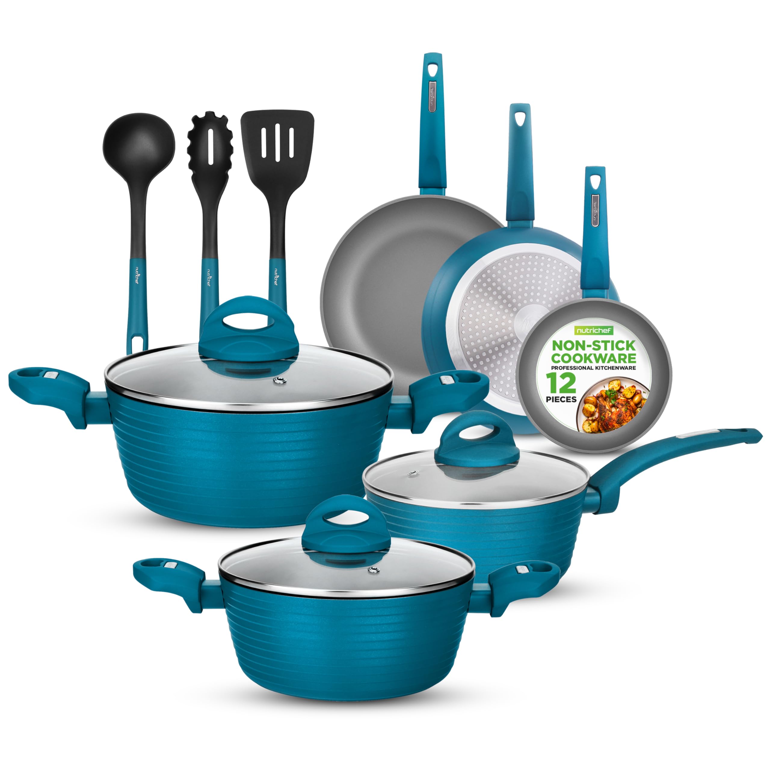 NutriChef 12-Piece Nonstick Kitchen Cookware Set - Easy to Clean, Fireproof Lacquer - Saucepot, Cooking Pots, Fry Pans, Utensils, Tempered Glass Lids - Light Gray/Green, Induction Ready