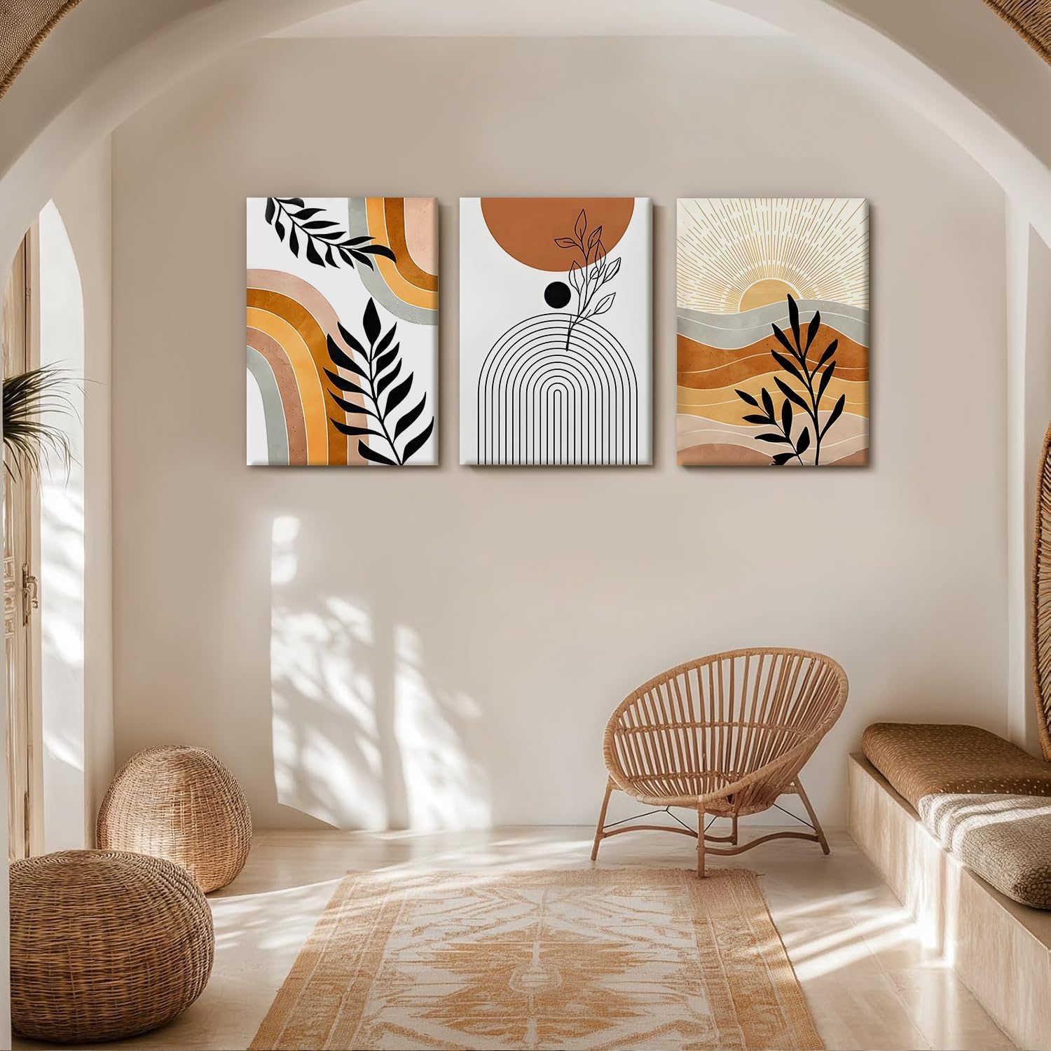 LYYGLYY 3Pcs Framed Bohemian Canvas Wall Art, Abstract Geometric Posters Artwork for Walls, Brown Desert Wall Art, Botanical Line Print Wall Decor for Living Rooms, Dining Rooms, Offices 12x16 Inches