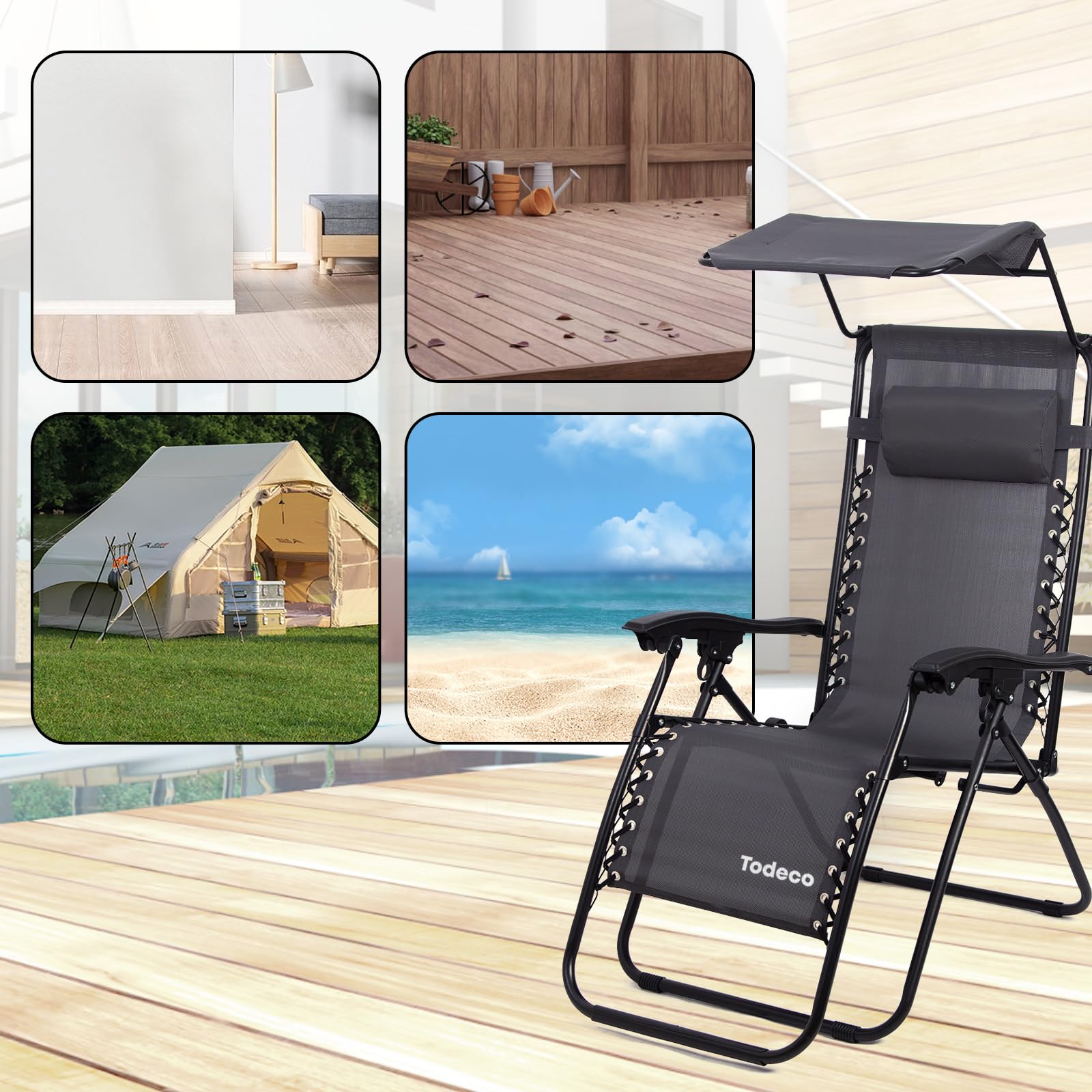 Todeco Tumbona Plegable Jardín con Toldo, Silla Gravedad Cero Reclinable con Respaldo Ajustable para Patio, Camping, Terraza y Piscina, Carga máxima 100kg, Gris