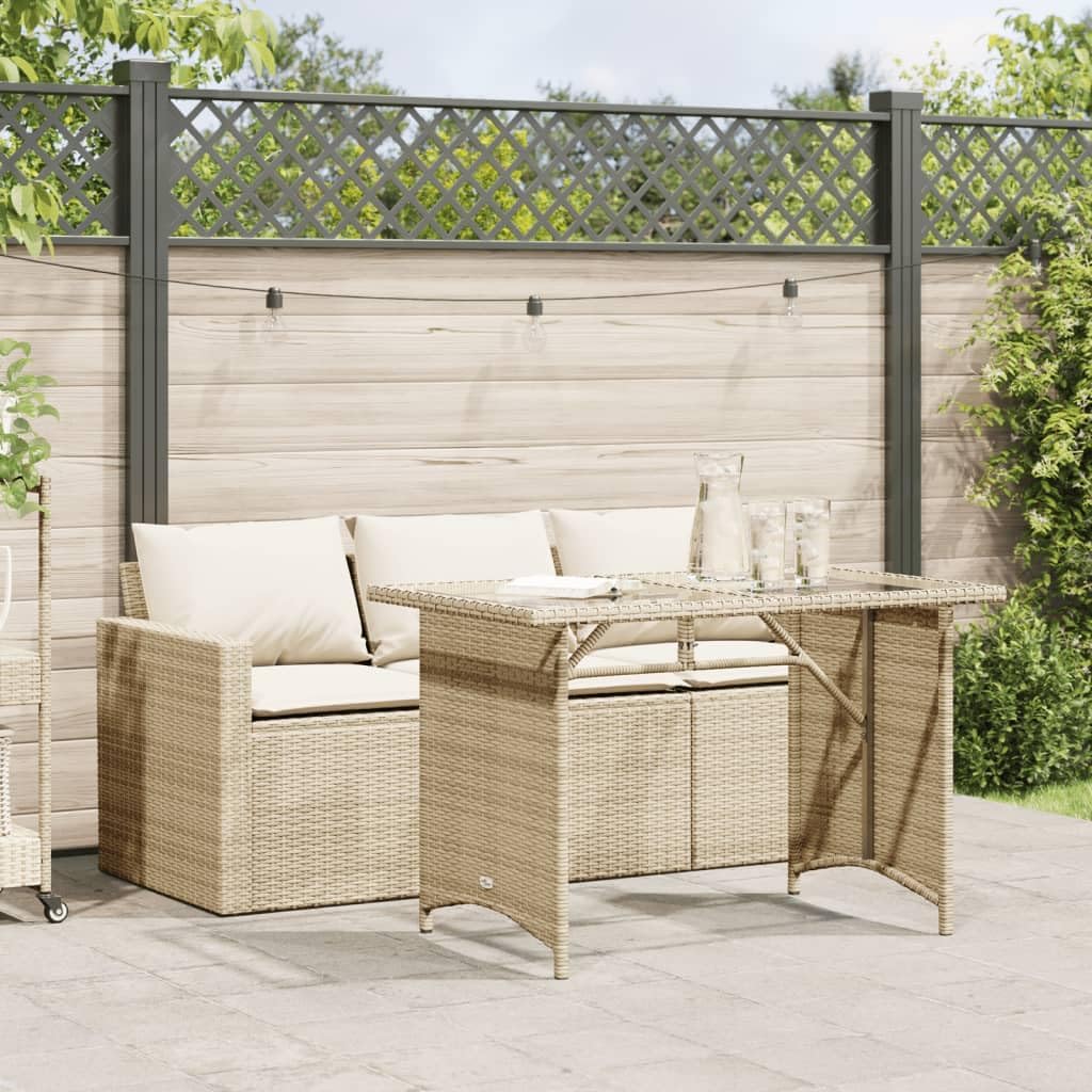 vidaXL 2-Piece Patio Dining Set - Beige Poly Rattan Garden Furniture with Cushions, Tempered Glass Tabletop, Weather-Resistant, Removable Covers