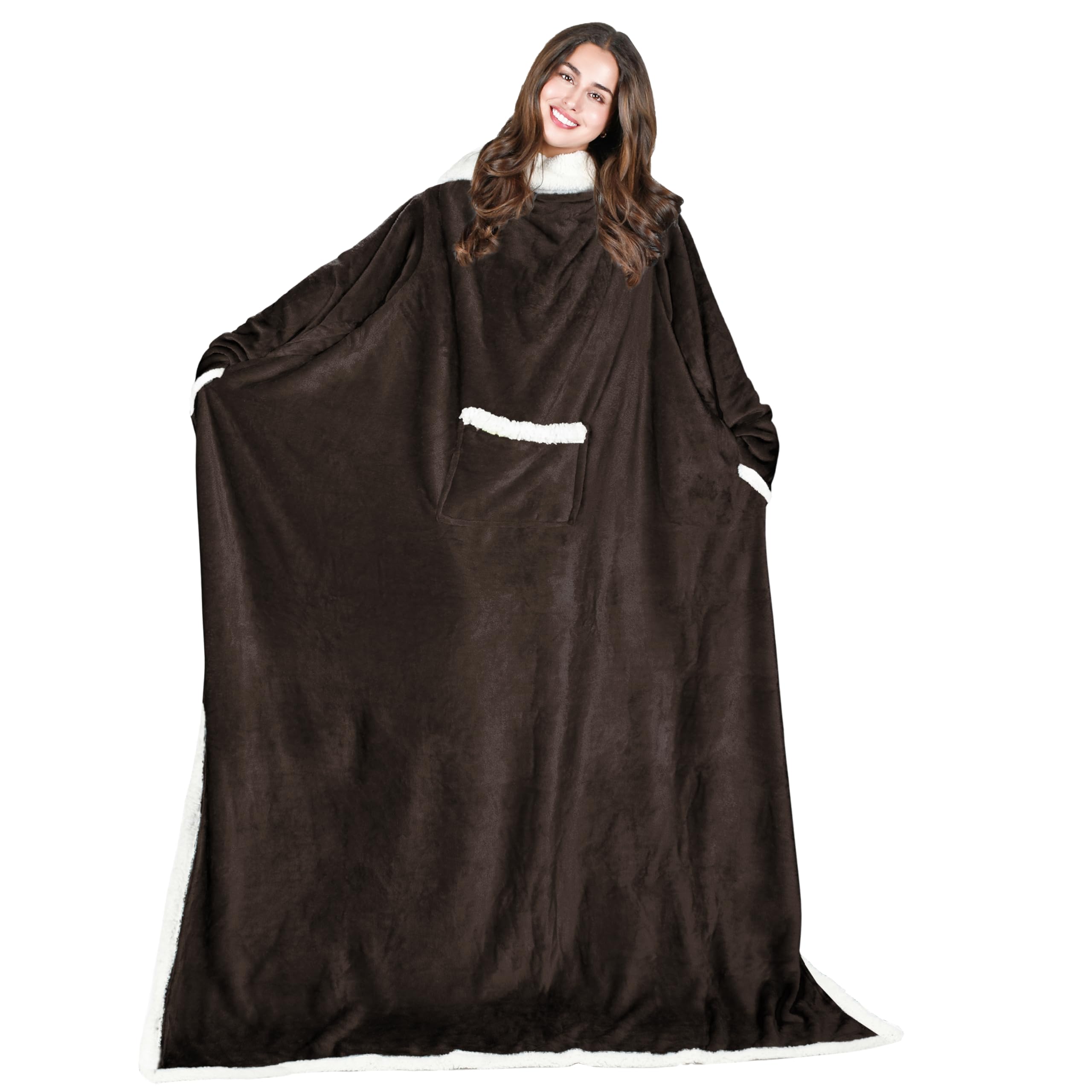 Catalonia Classy Women's Brown Sherpa Blanket With Sleeves, Warm Micro Plush Sofa Fleece Blanket, Fluffy Wrap Throw Blanket, For Adult Men 183Cm X 140Cm (72" X 55”),