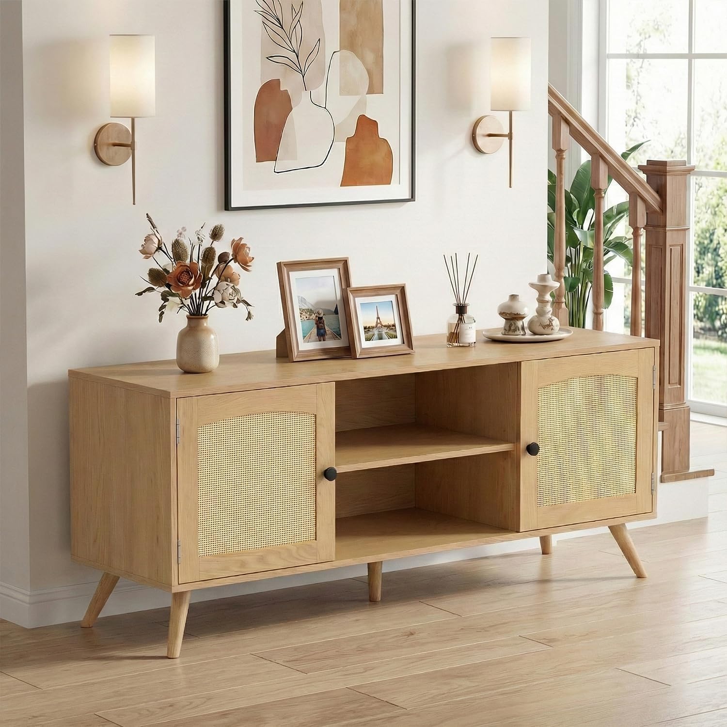 Mid Century Modern Rattan TV Stand for 55/60 Inch TV - 53" Boho Media Console Table with Cane Doors & Open Shelves, Oak Wood Finish Entertainment Center for Living Room, Hallway, Entryway