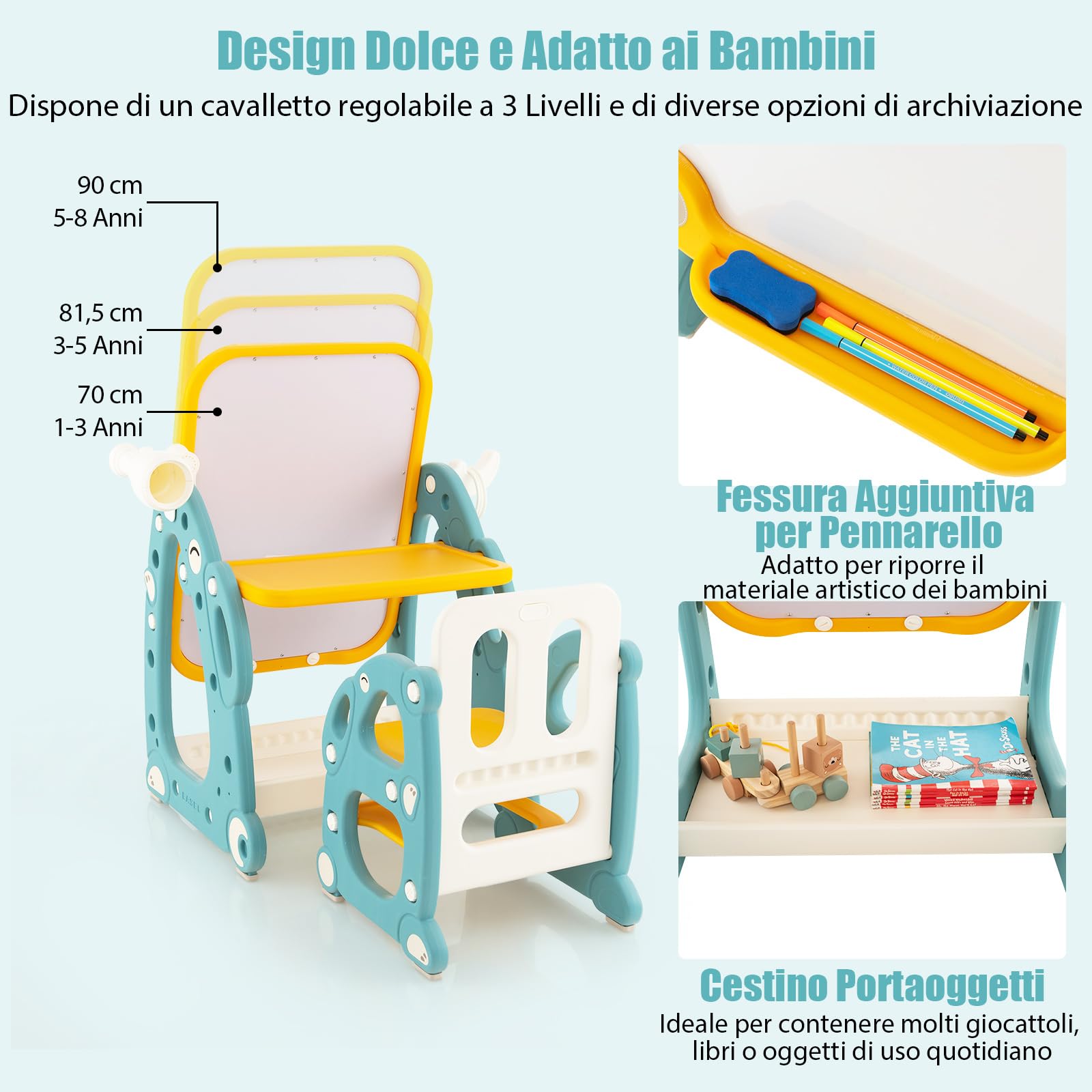 COSTWAY Tavolo da Disegno per Bambini con Sedia, Cavalletto Artistico con Lavagna Regolabile a 3 Livelli, Telescopio e Gioco dell'Anello, Cestino Portaoggetti 8 Pennarelli 3 Anelli 2 Magneti e Gomma