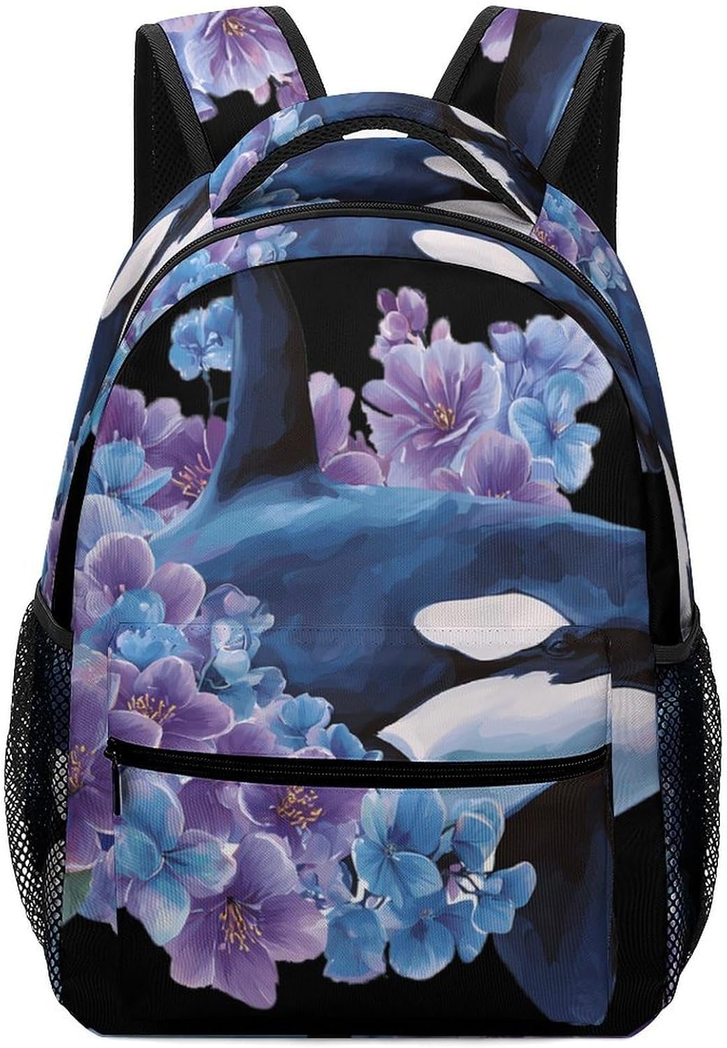Killer Whale Pansy Purple Flowers Unisex Backpack Casual Daypacks Lightweight Shoulders Bag for Camping Hiking Travel