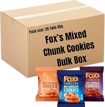 Fox s Mixed Chunk Cookies Bulk Box Twin Packs Individually Wrapped Multipack Variety of Milk, Triple & White Chocolate Chunk for Guests, Visitor, Office, School or Tea Treats 20 Pack