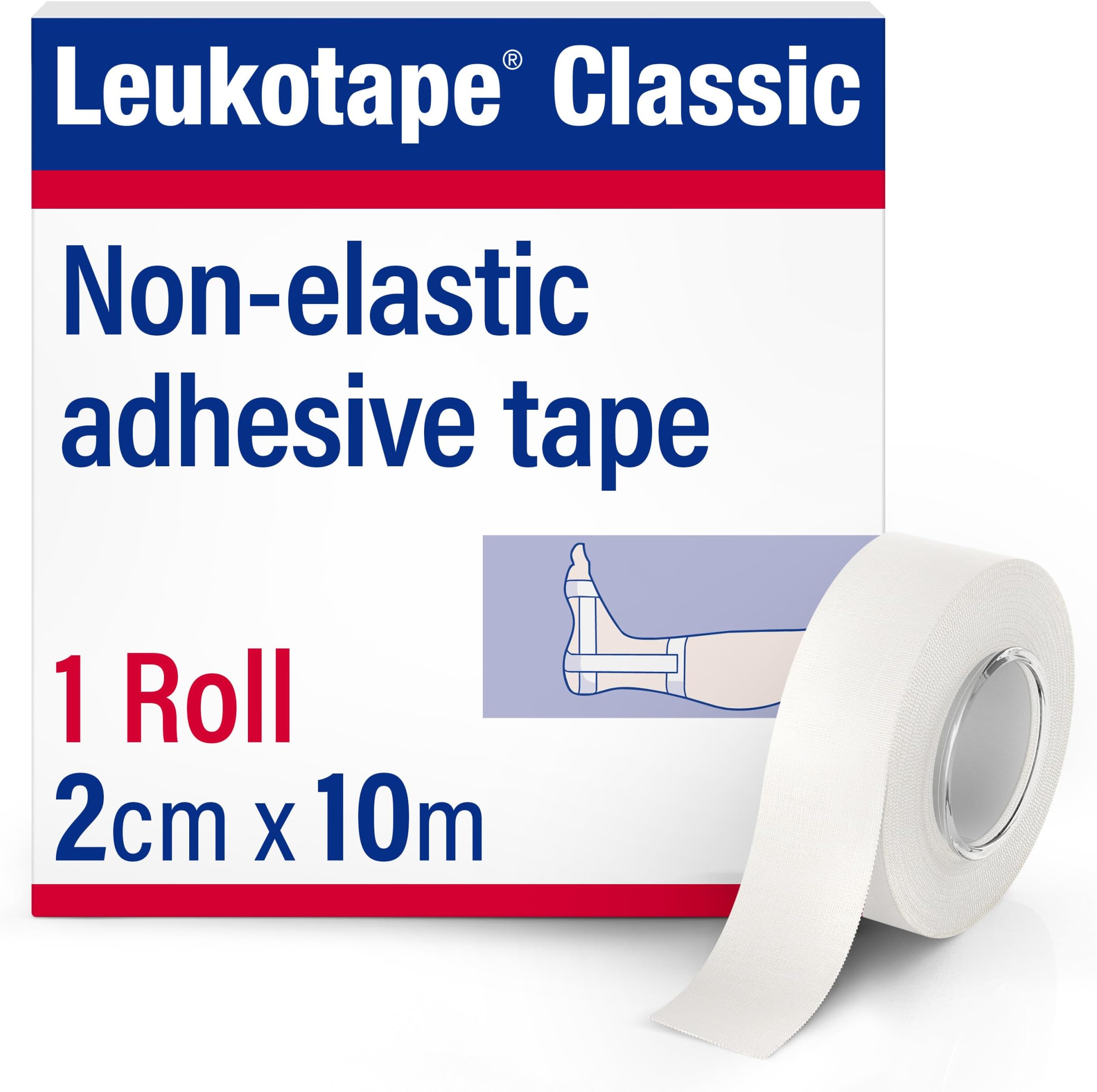 Leukotape Classic Rigid Medical Tape for Sprains and Injury Prevention, 2 cm x 10 m, White, 1 Roll