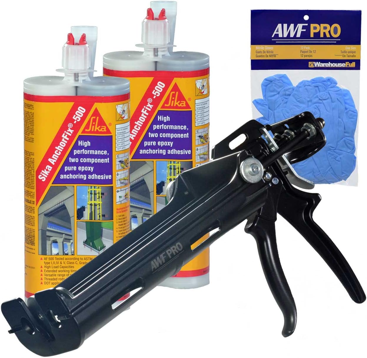 Promo 40% OFF Sika AnchorFix 500 Kit - Two Component Epoxy 20 oz, High Performance, Concrete Anchoring System (2), AWF PRO Epoxy Adhesive Applicator, 22 oz. Dual Cartridge Capacity 25:1 Thrust (1), Gloves (1)
