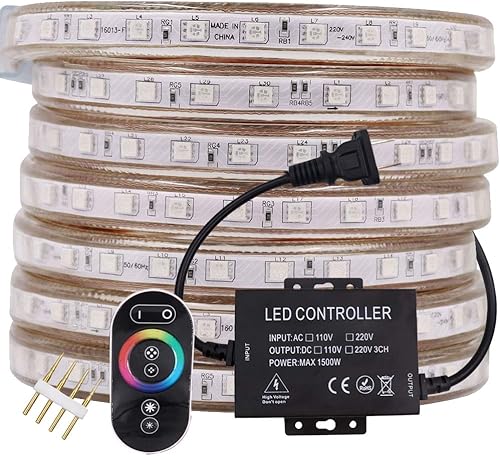 Tira de luz LED RGB de 16.4 pies, AC 110-120V 60 LEDs/M SMD 5050 Control remoto táctil, multicolor, impermeable, flexible, tira de luces para