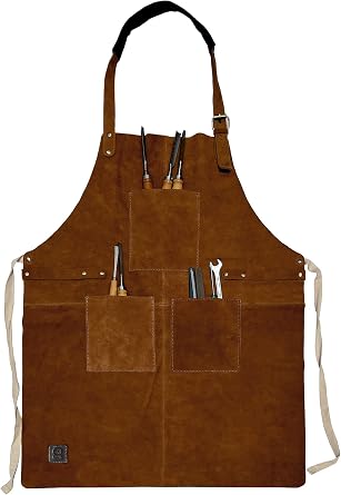 Leather Grill Work Apron with Tool Pockets - Adjustable up to XXL for Men
