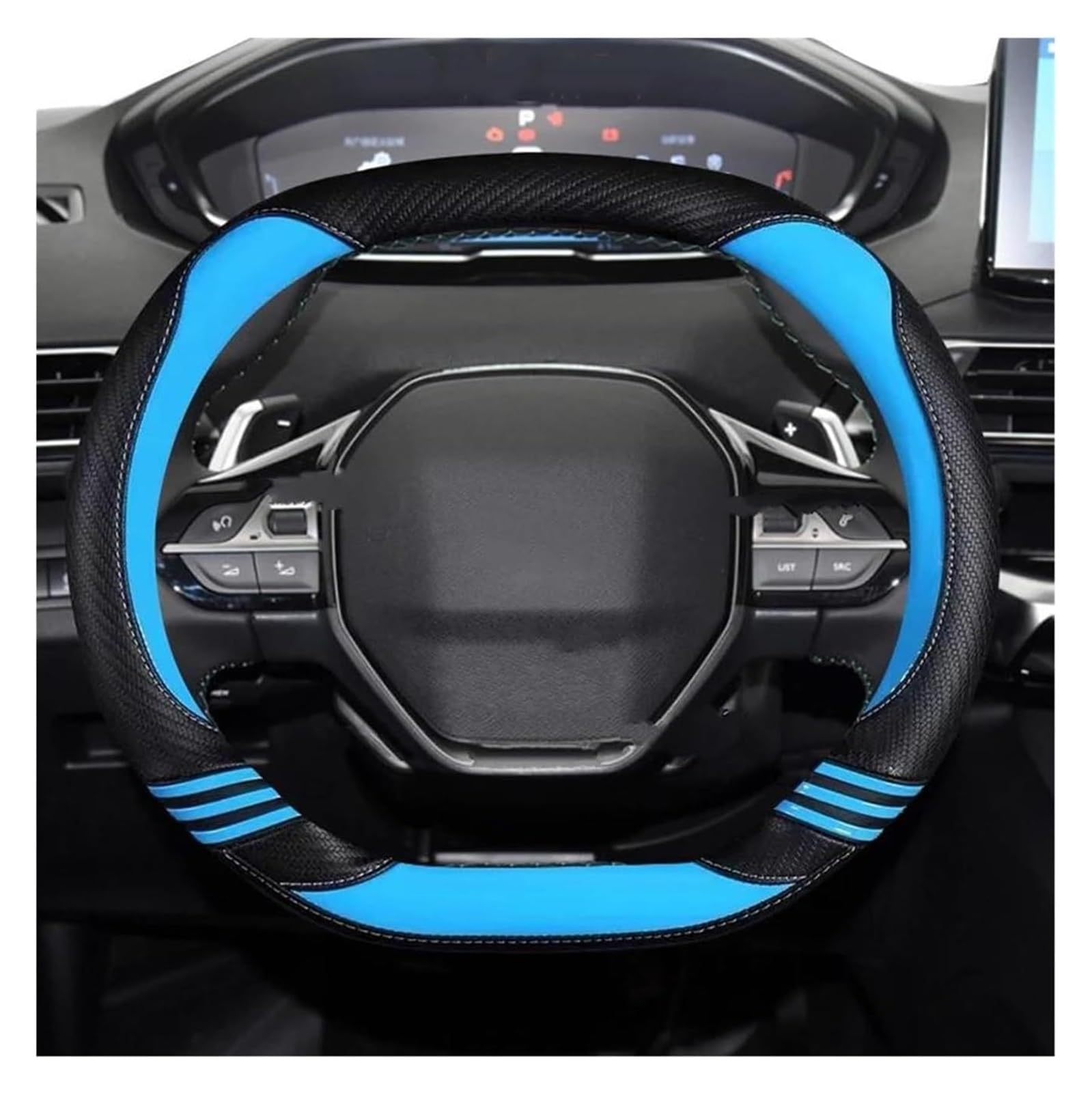 Caches Volant pour Peugeot 208 E208 2020-2022 Accessoires Auto Intérieur Coche Housse De Volant De Voiture Filles Fibre De Carbone Cuir PU(Bleu)