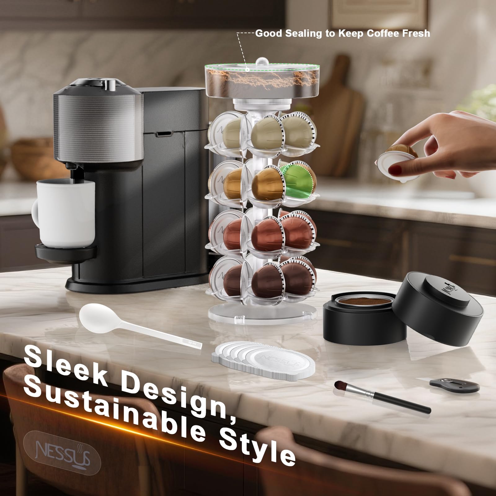 Kit de cápsulas reutilizables para cápsulas Nespresso Vertuo, soporte para cápsulas de café con herramienta Vertuo recargable y 100 tapas de aluminio