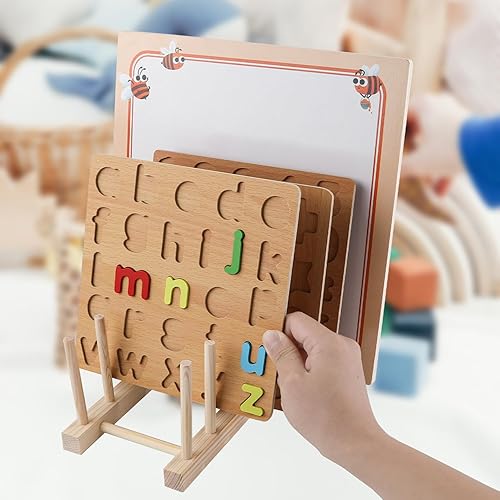 Miniatura 5 de Soporte de exhibición de rompecabezas de madera, 2 piezas, soporte para rompecabezas de madera, estante de almacenamiento de rompecabezas para niños