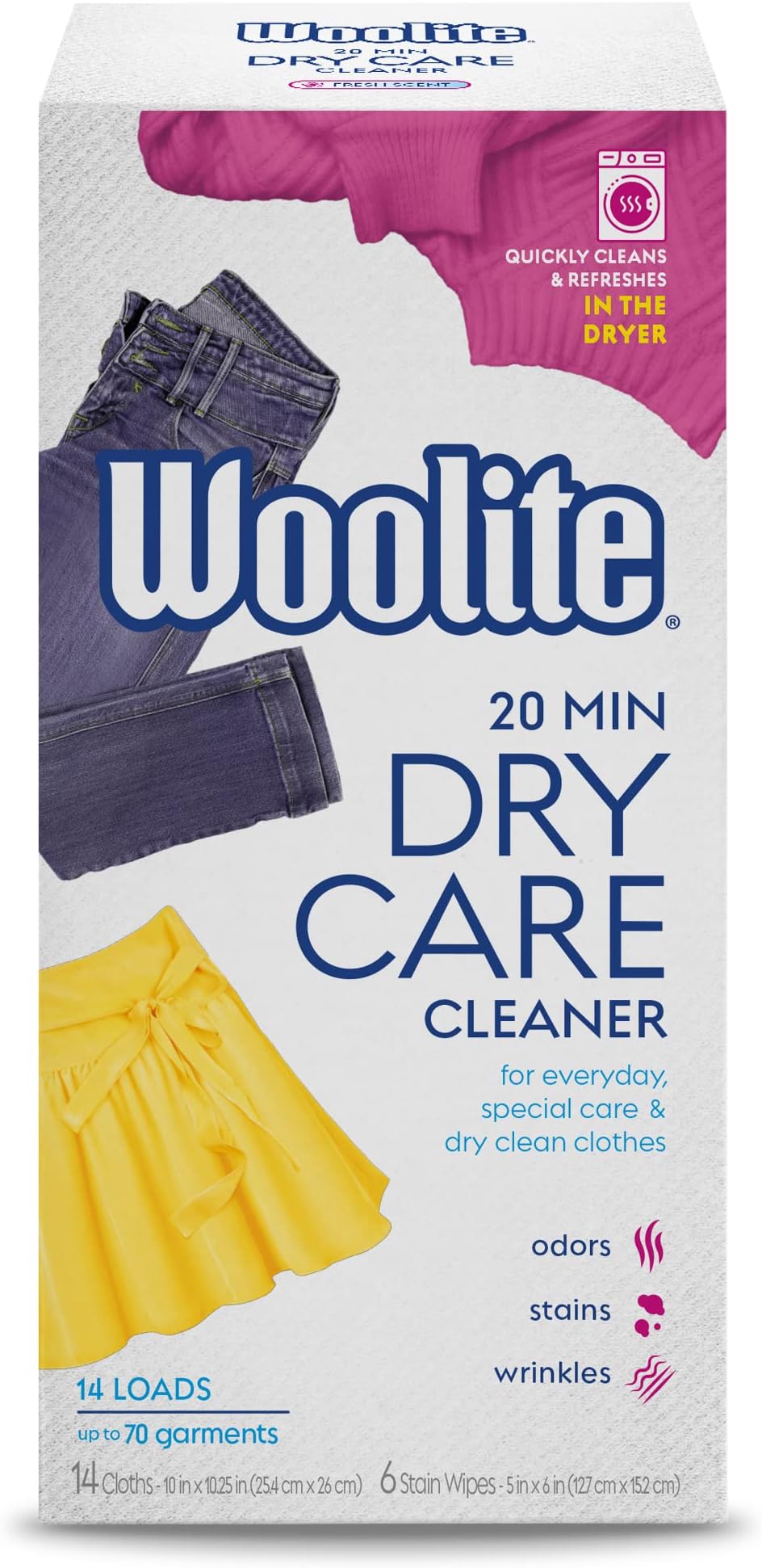 Woolite at-Home Dry Cleaner Dry Cleaning Cloths and Stain Removal, Easy to Use, Safe on Wool, Cashmere, and Designer Jeans, Fresh Scent, 14 Cloths