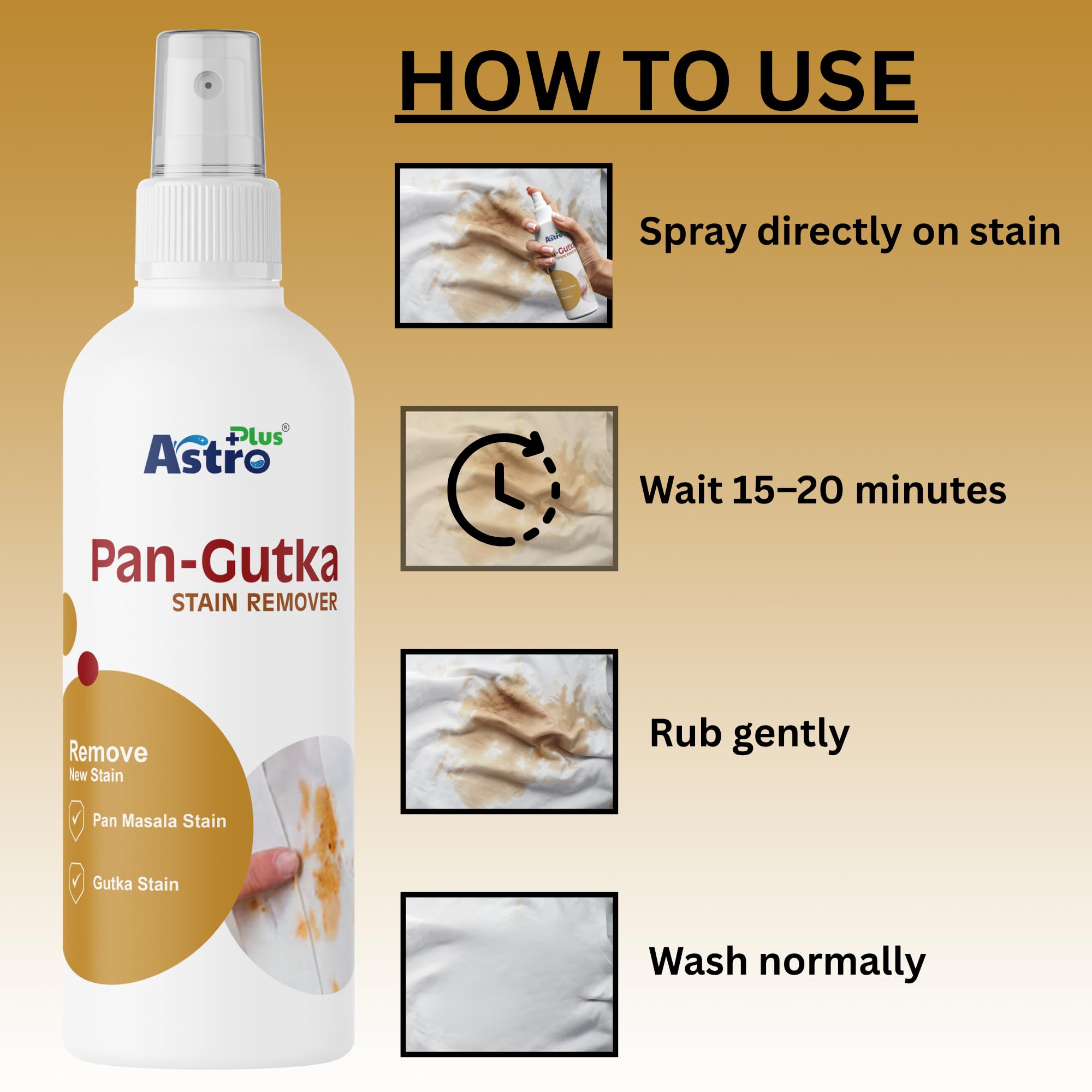 Astro Plus+ 100ml Pan Gutka Stain Remover β Removes Dried Beverage & Food Stains Cleaner, Safe on Colour & Fabrics, Effective Cloth Stain Removal For Everyday Solution | Pack Of 1 3
