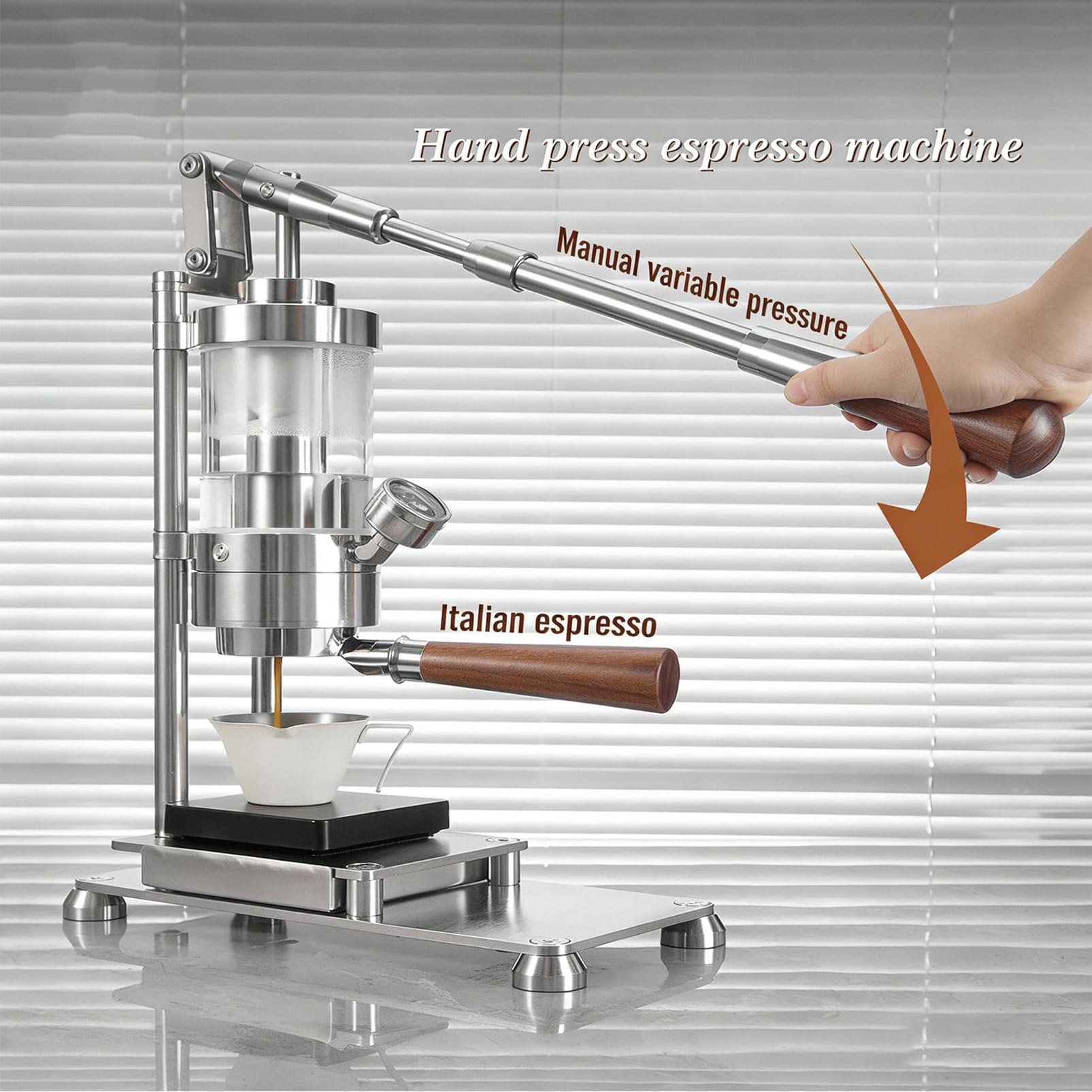 Cafetera portátil de palanca manual de acero inoxidable prensado a mano con presión de 1 a 16 bar, mango de madera maciza, portafiltro de 58 mm para capuchino, café con leche y macchiato