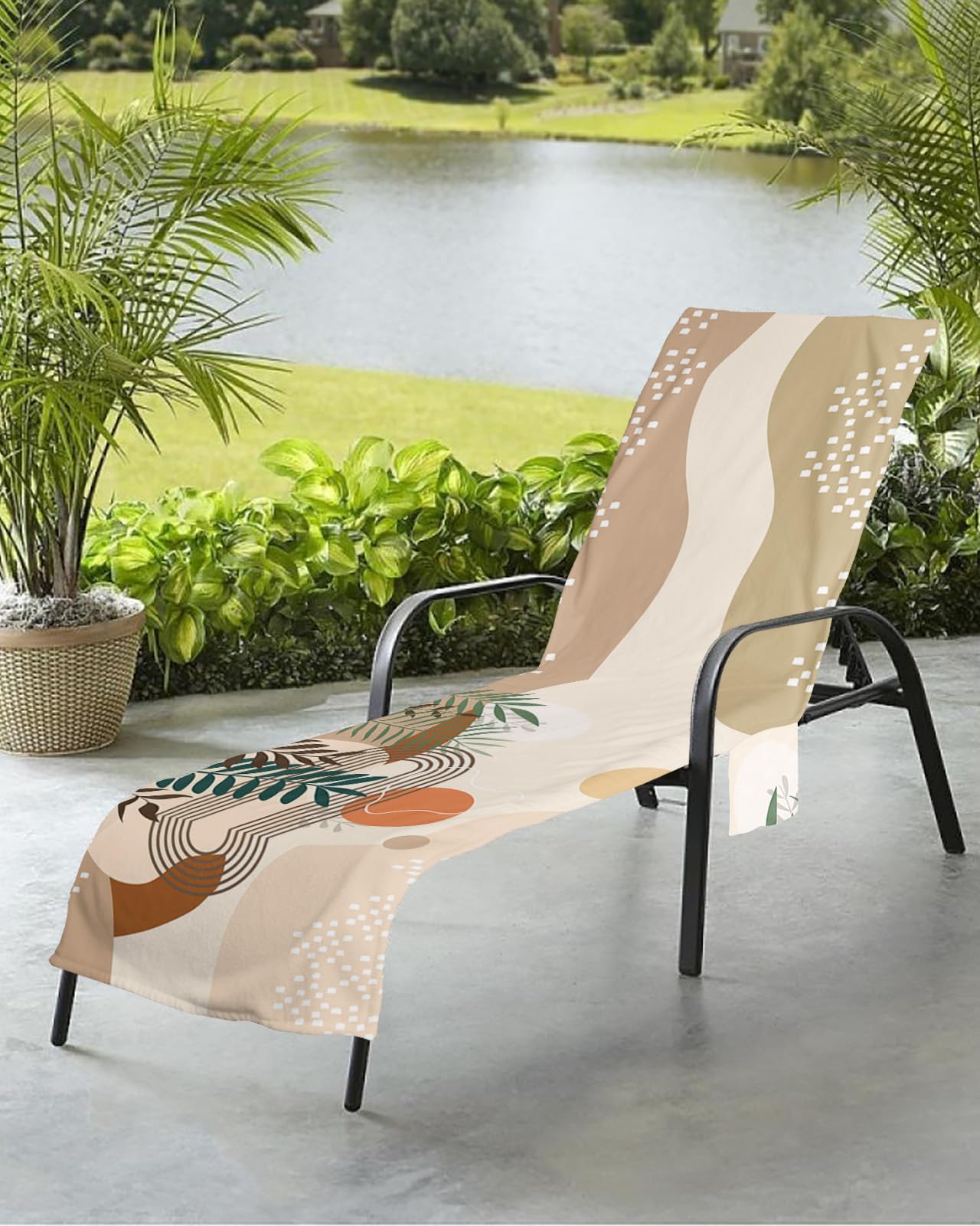 Abstract Leaves Beach Chair Towel Covers for Chaise Lounge with Side Pocket, Soft Plush Pool Towels Cover for Patio Sunbathing Outdoor 29''x85'' Bohemian Middle Century Morden Stripes