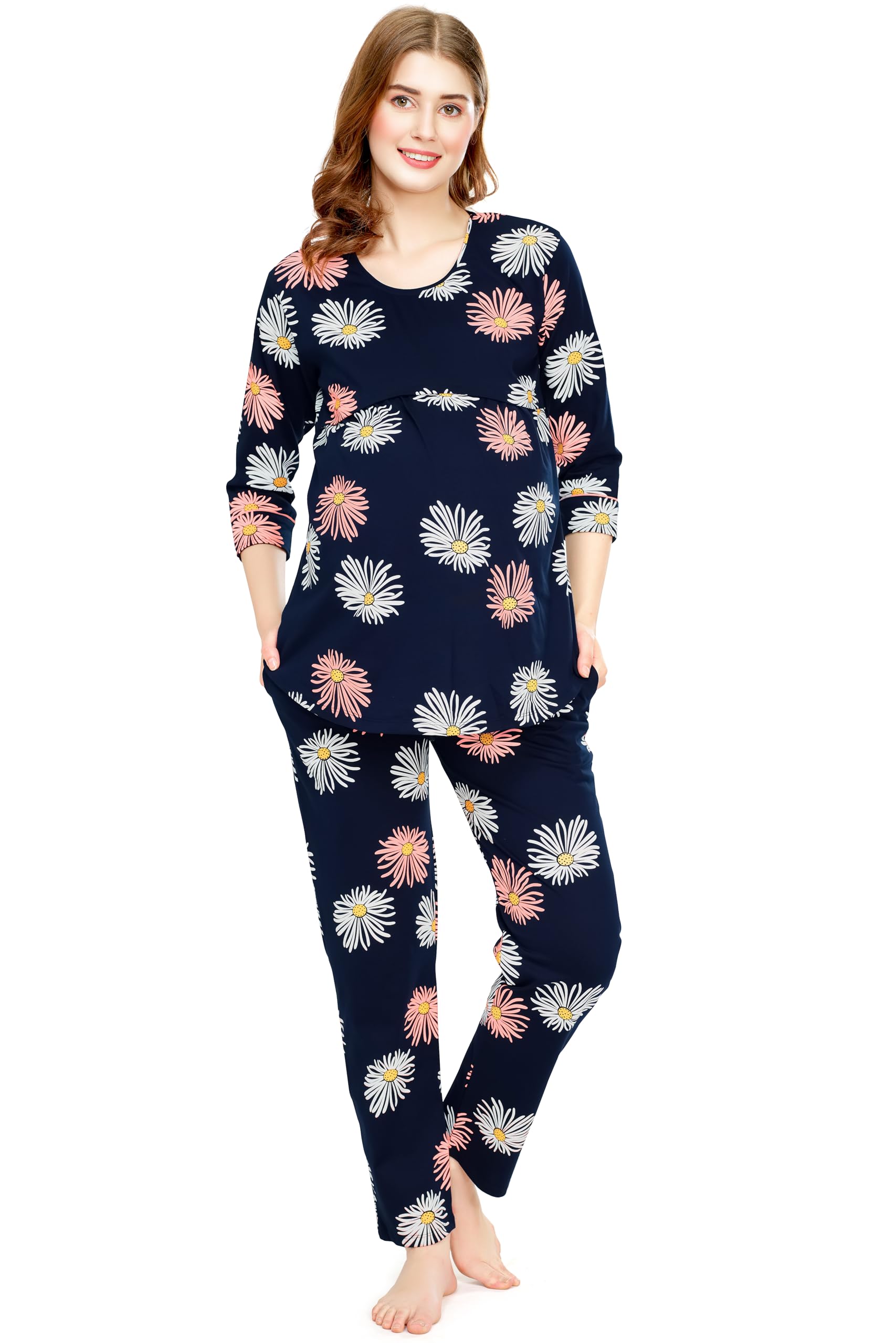 Cotton Blend Women's Cotton Floral Printed Nursing & Maternity Night Suit Set Of Top & Relaxed Pyjama Feeding Night Dress 5804-image-16