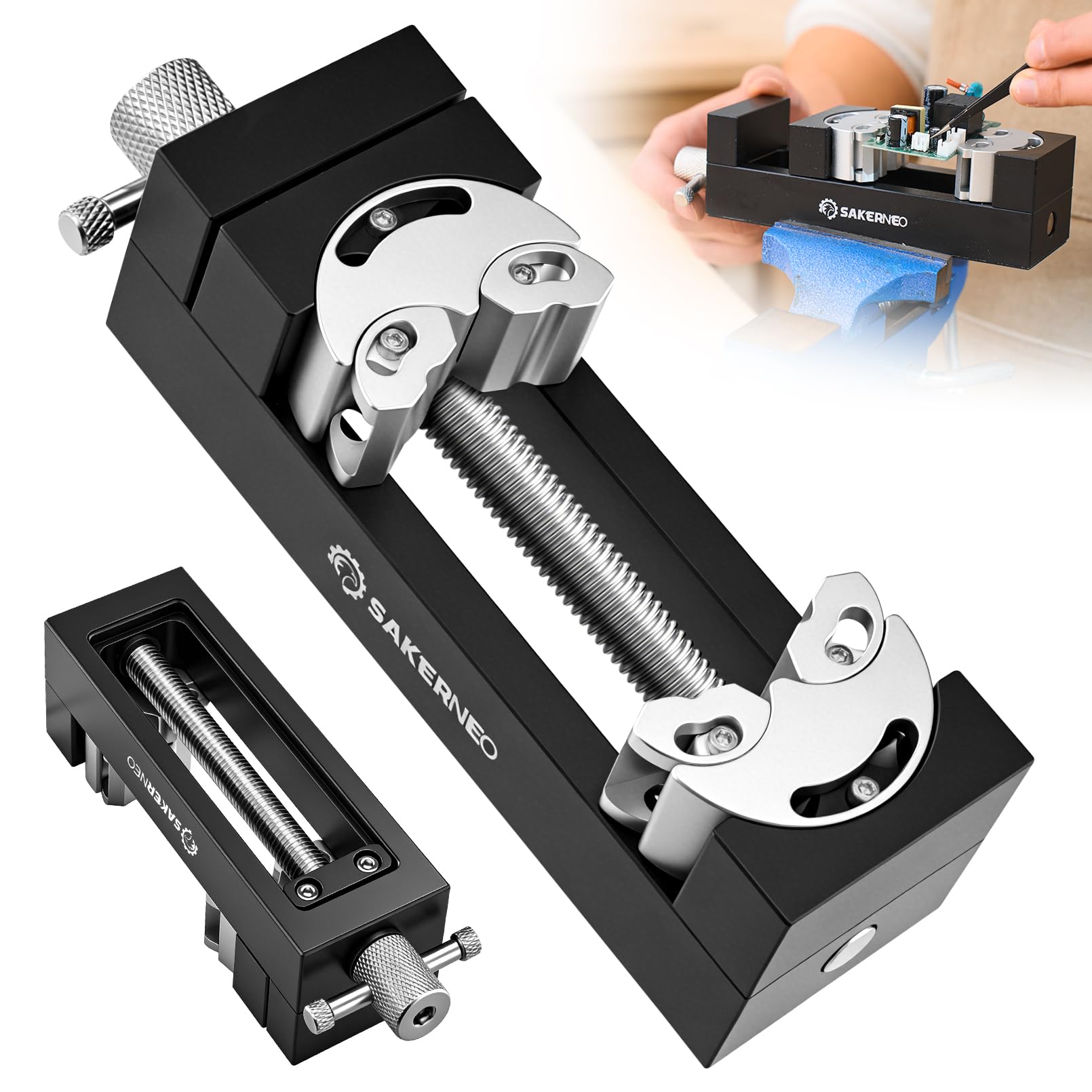 SakerNeo Fractal Mini Vise, Self-Adjusting Drill Press Bench Vise, CNC-Machined Aluminum Alloy Jaw Clamp for Irregular Shapes on Home Improvement,Workbench, DIY, Woodworking Projects (Black)