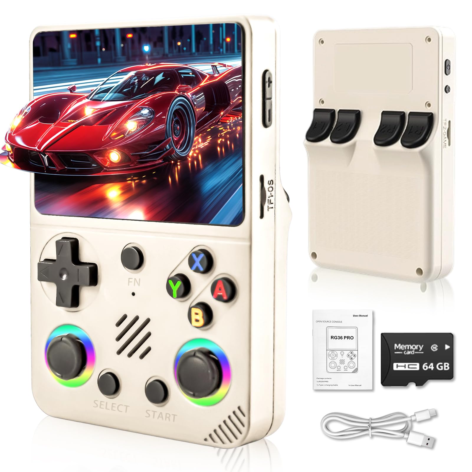 Unokit Consola de juegos retro de mano RG36 Pro 2025, pantalla IPS de 3.5 pulgadas con sistema Linux de código abierto, tarjeta TF de 64 G, más de 20.000 juegos clásicos retro, batería de 3200 mAh