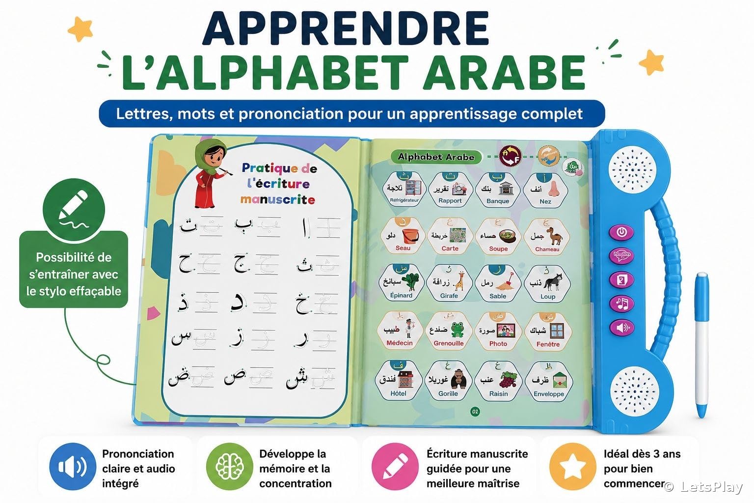 LetsPlay Livre Sonore Arabe Français Alphabet 180+ Mots Jouet Éducatif Enfant 3-8 Ans