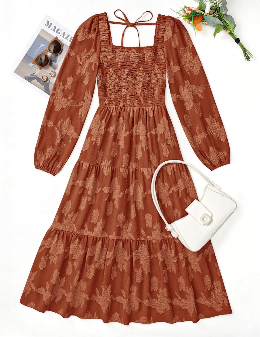 ZESICA Women's 2026 Spring Floral Midi Dress Long Sleeve Smocked Flowy Long Wedding Guest Vacation Dresses - Image 6