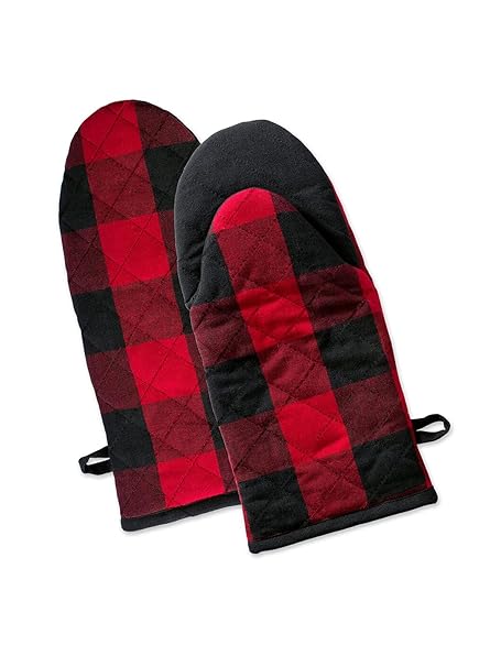 Lushomes Oven Gloves Heat Proof, Buffalo Checks Microwave Gloves Frog Style, Oven Accessories (Pack of 2, 6 x 13 Inches) (Red & Black)