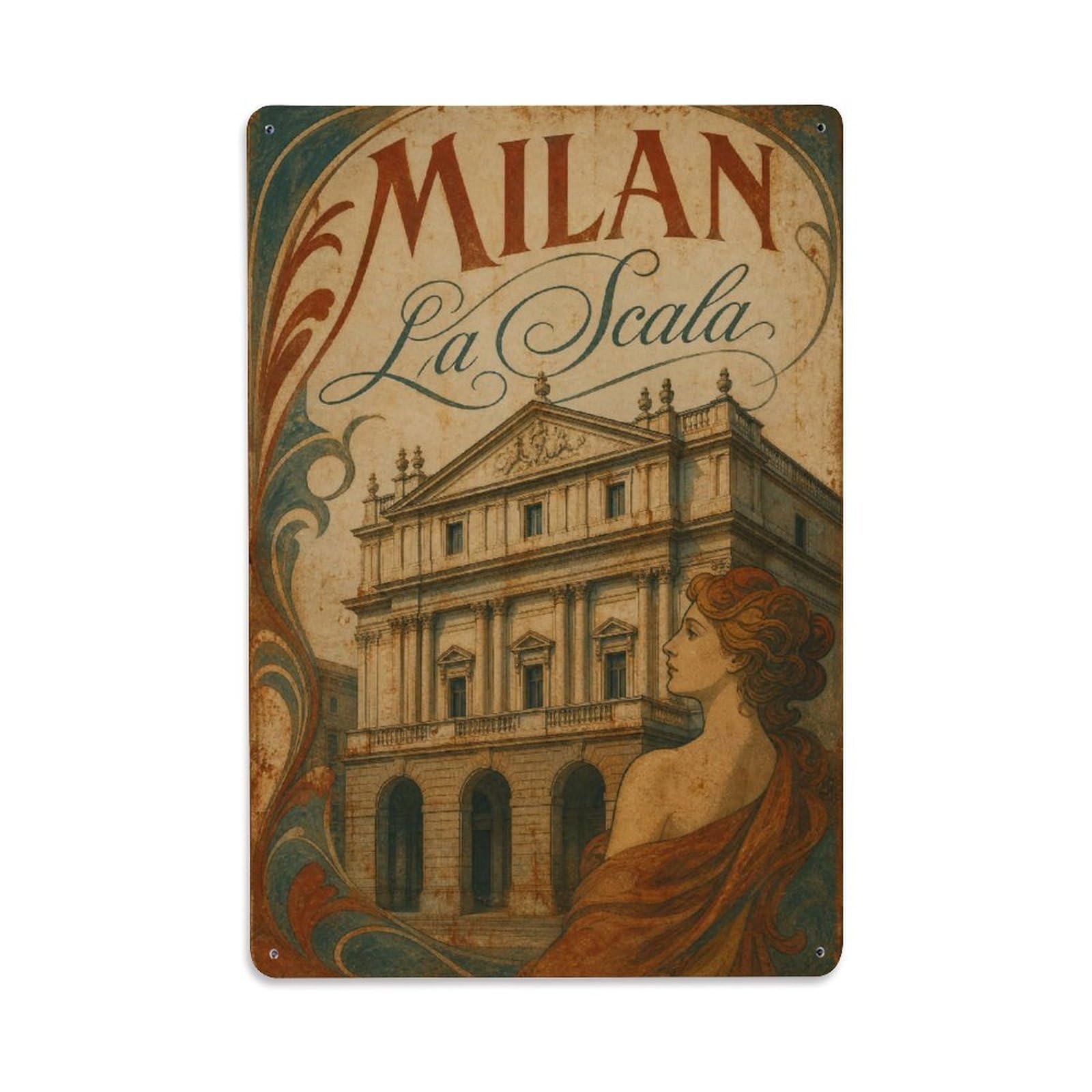 Huiyhb 8X12inch(20X30cm) Vintage Travel Milan La Scala Theatre Facade Italy Metal Tin Sign