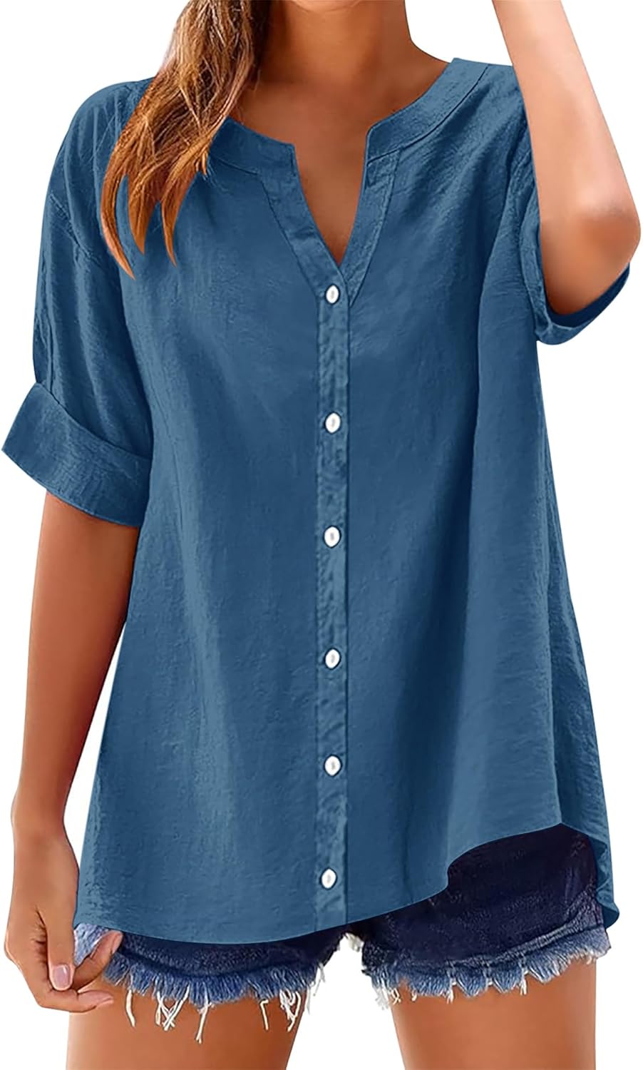 LOMON Womens 3/4 Sleeve Button Down Shirts Cotton Linen Roll Up Short Sleeve Tops V Neck Casual Loose Fit Blouses - Image 2