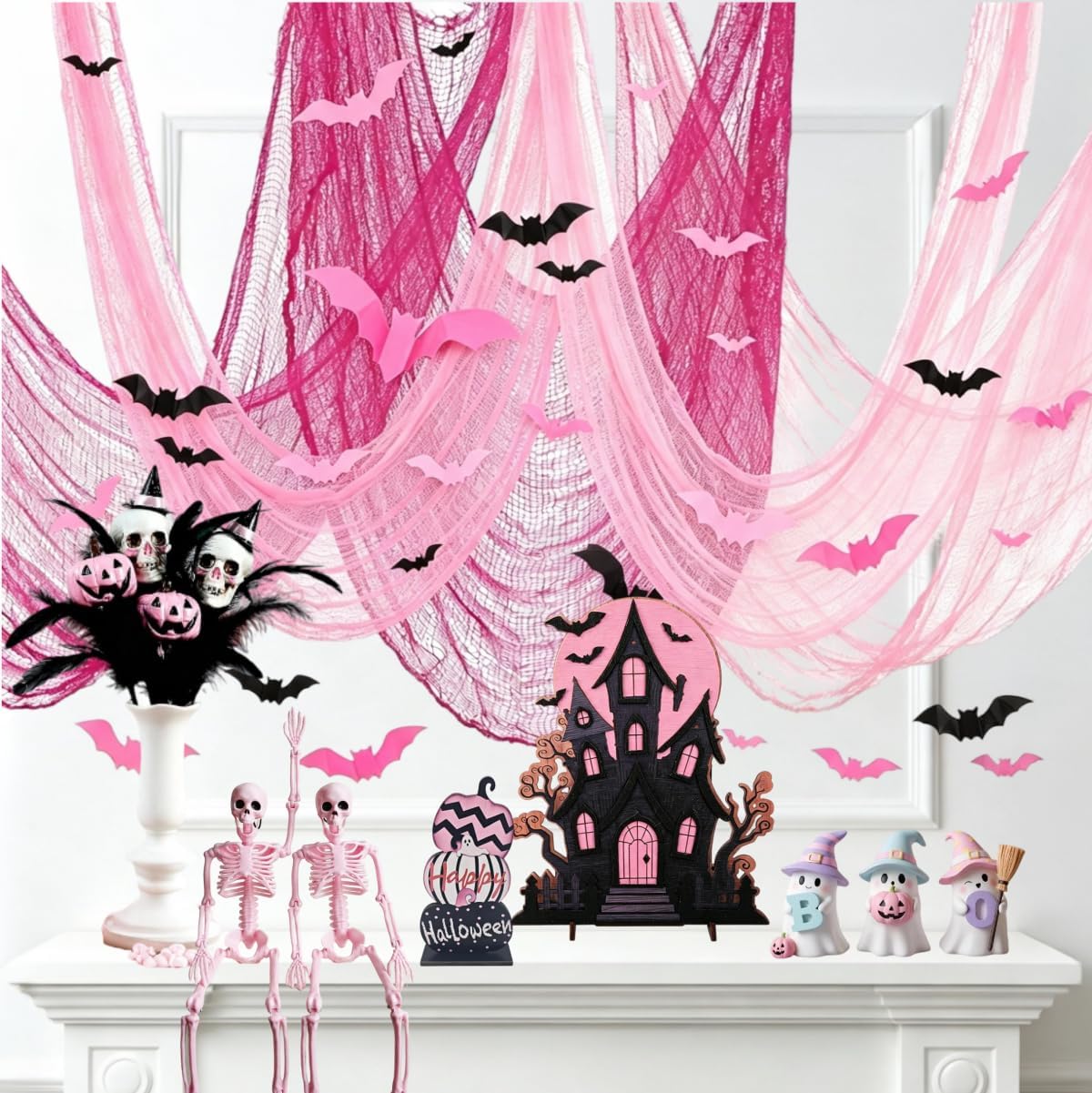 Hopodix135PCS Pink Halloween Mantel Decor Set Gauze Ghost Bats Wall Decor