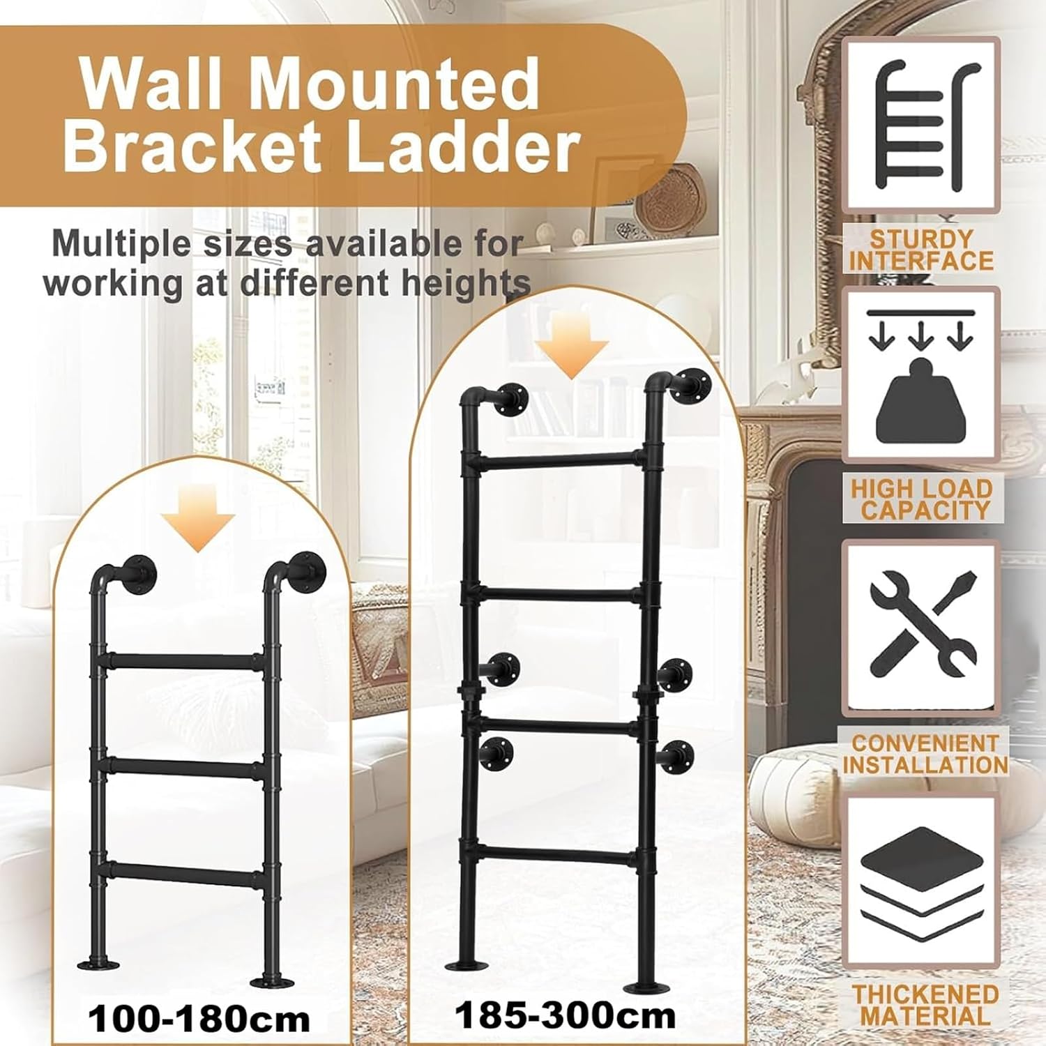 Wall-Mounted Black Ladders for Home, 3.3-10ft Basement Window Well Egress Exit Ladder, Metal Stepladders for RV Attic Bunk Bed, 4-10 Steps Ladder for Attic Stairs(1.62M/5.3FT/64IN)