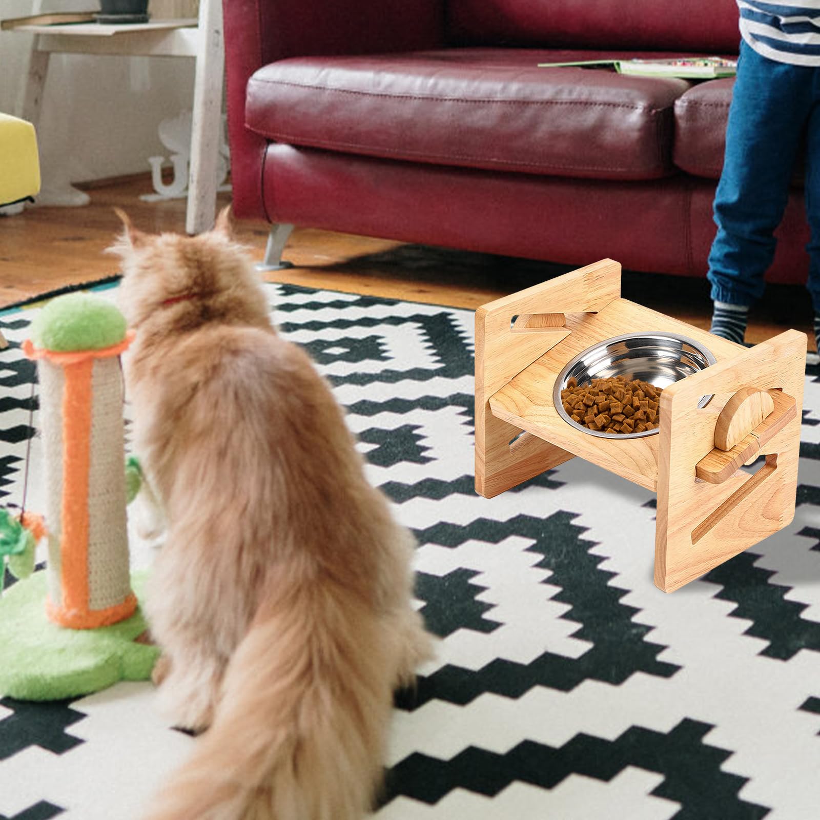 PORFOYO Erhöhter Futternapf für Hunde und Katzen, 4-fach höhenverstellbar, aus Holz mit Edelstahlnapf für kleine und mittelgroße Hunde
