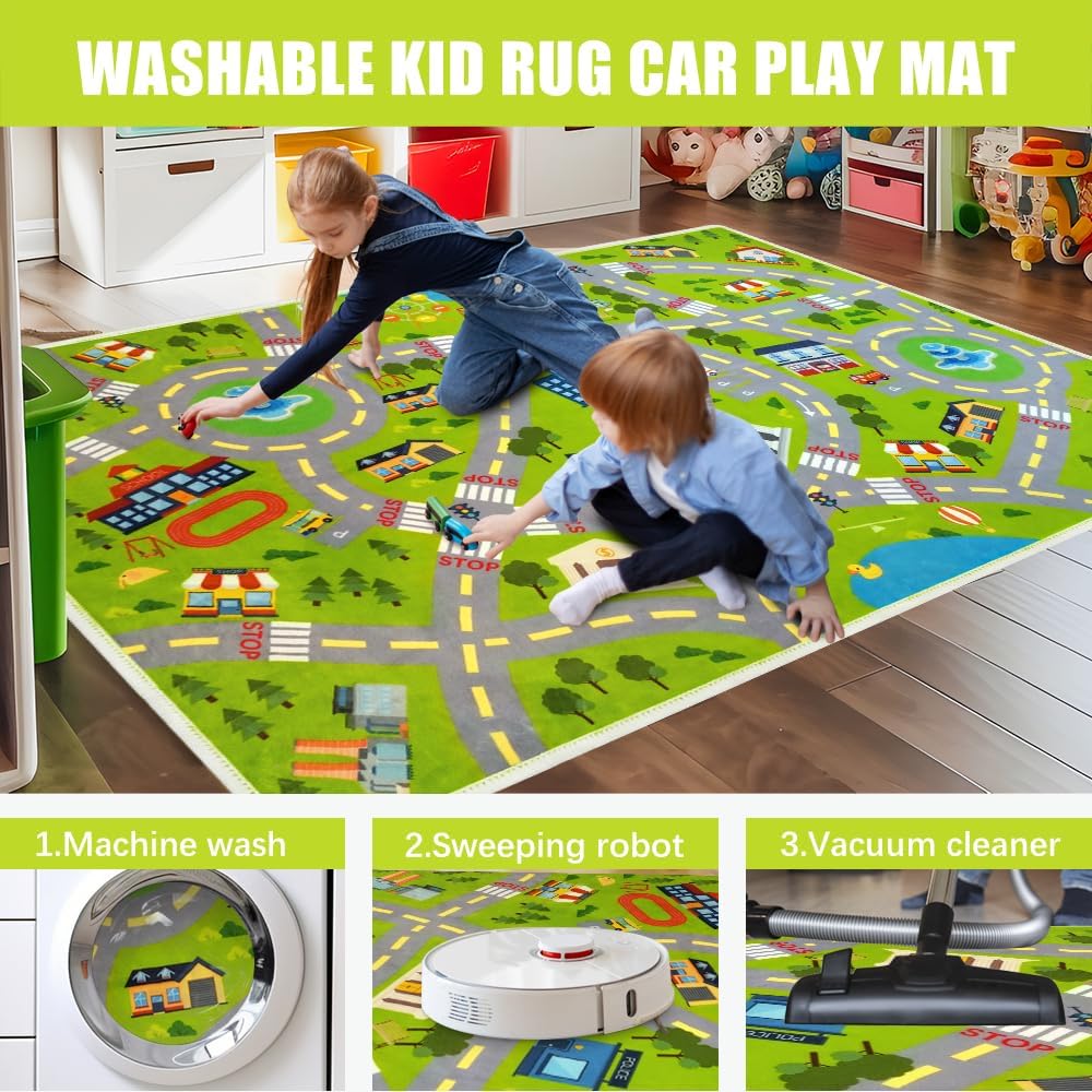 Kids Carpet Car Rug Play Mat, Road Rug - Play Learn and Have Fun Safely - Extra Large Thick (0.6cm) Kids Carpet for Playroom, Kids Bedroom, Toddler Room, Non-Slip Rugs(KR1,2.6 * 4ft)