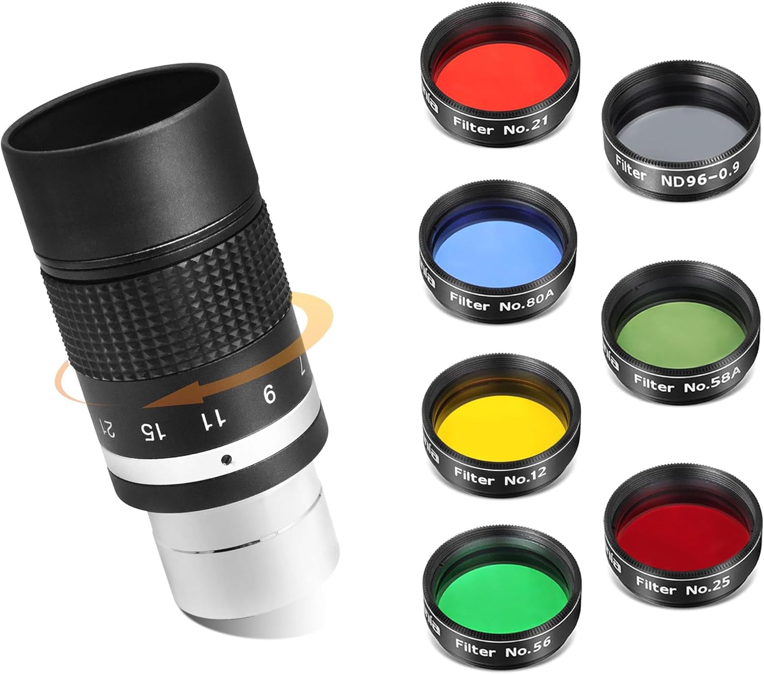 Astromania Filter Set of 1.25-Inch Seven Telescope Filters - Bundle with - 1.25" 7-21mm Zoom Eyepiece for Telescope