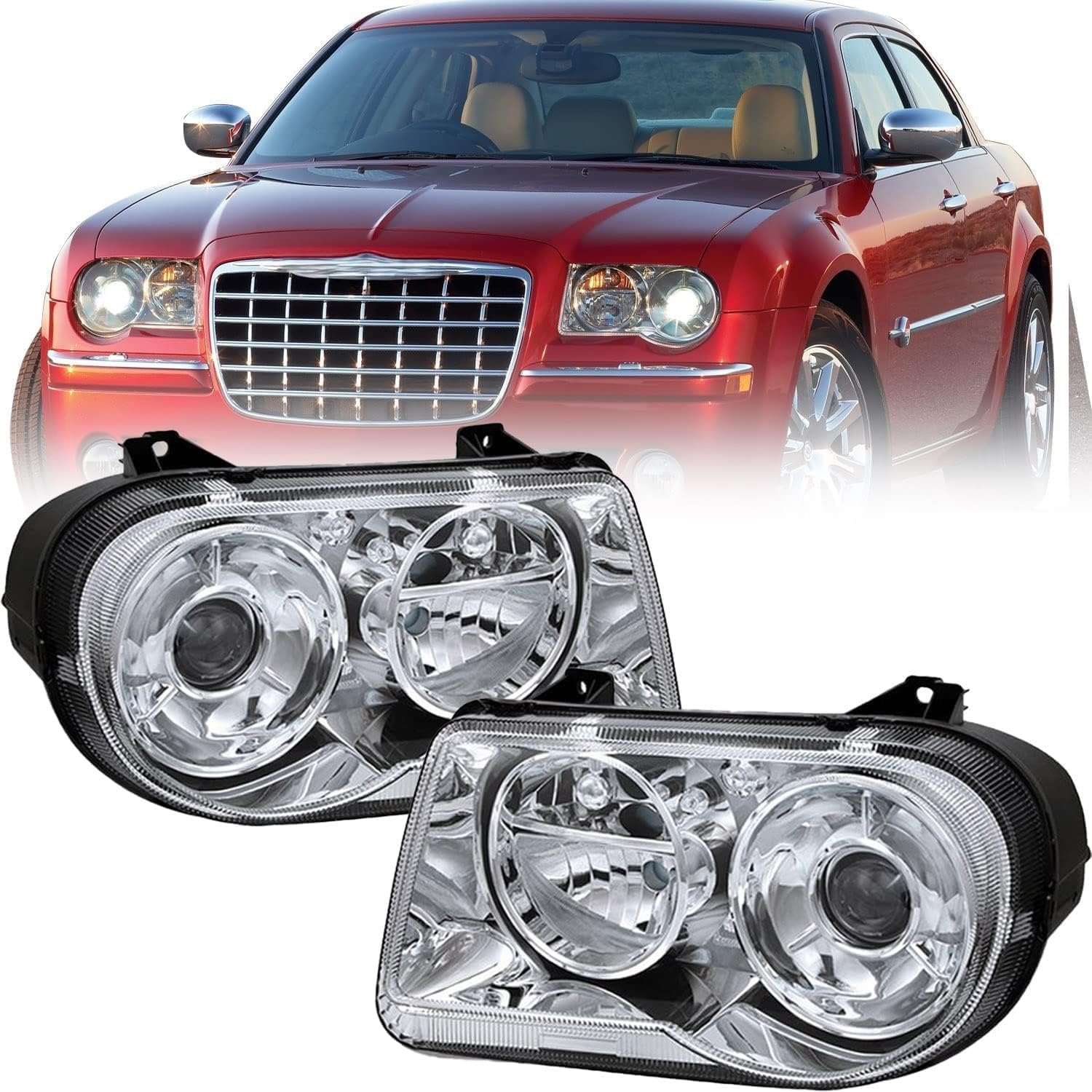 JSBOYAT Halogen Headlight Assembly Compatible with 2005-2010 Chrysler 300C [Halogen Type] Projector Headlamp Chrome Housing with Clear Reflector w/o Bulbs NOT TESTED 