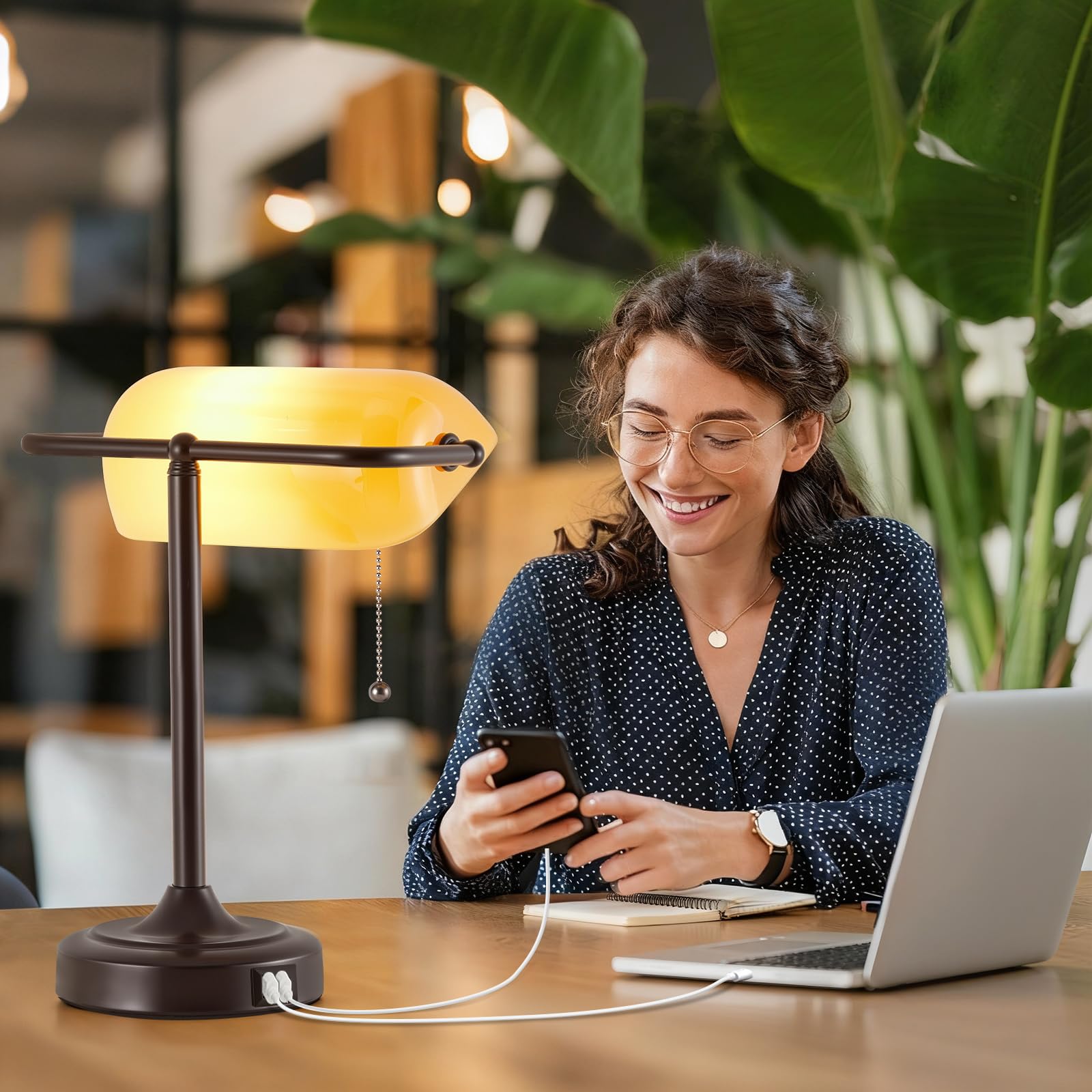 EJIAXIN Vintage Tischlampe für Banker - Retro Schreibtischlampe mit USB und Typ C Ladeanschlüssen mit Zugkettenschalter für Bibliothek, Tischlampe für Schreibtisch