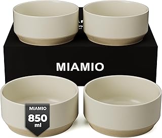 MIAMIO – Juego de 4 Cuencos/Juego de Cuencos de Cerámica (850 ml) para Pasta, Ramen, Cereales, Ensalada – Lavavajillas y Microondas – Colección Sierra (Claro, Tazones (4x))