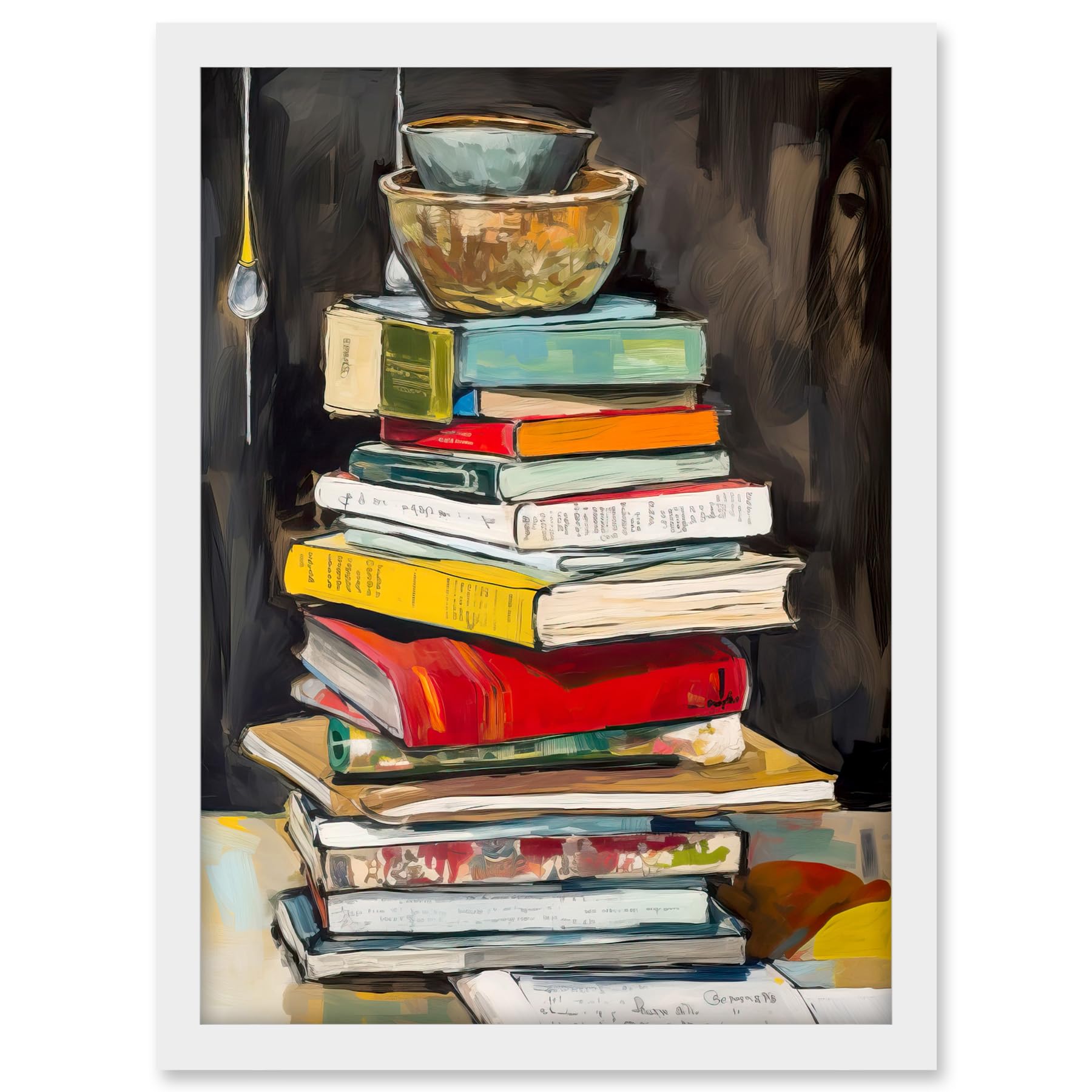 Artery8 A Stack of Recipe Cookbooks with Bowls on Top Artwork Framed A3 Wall Art Print