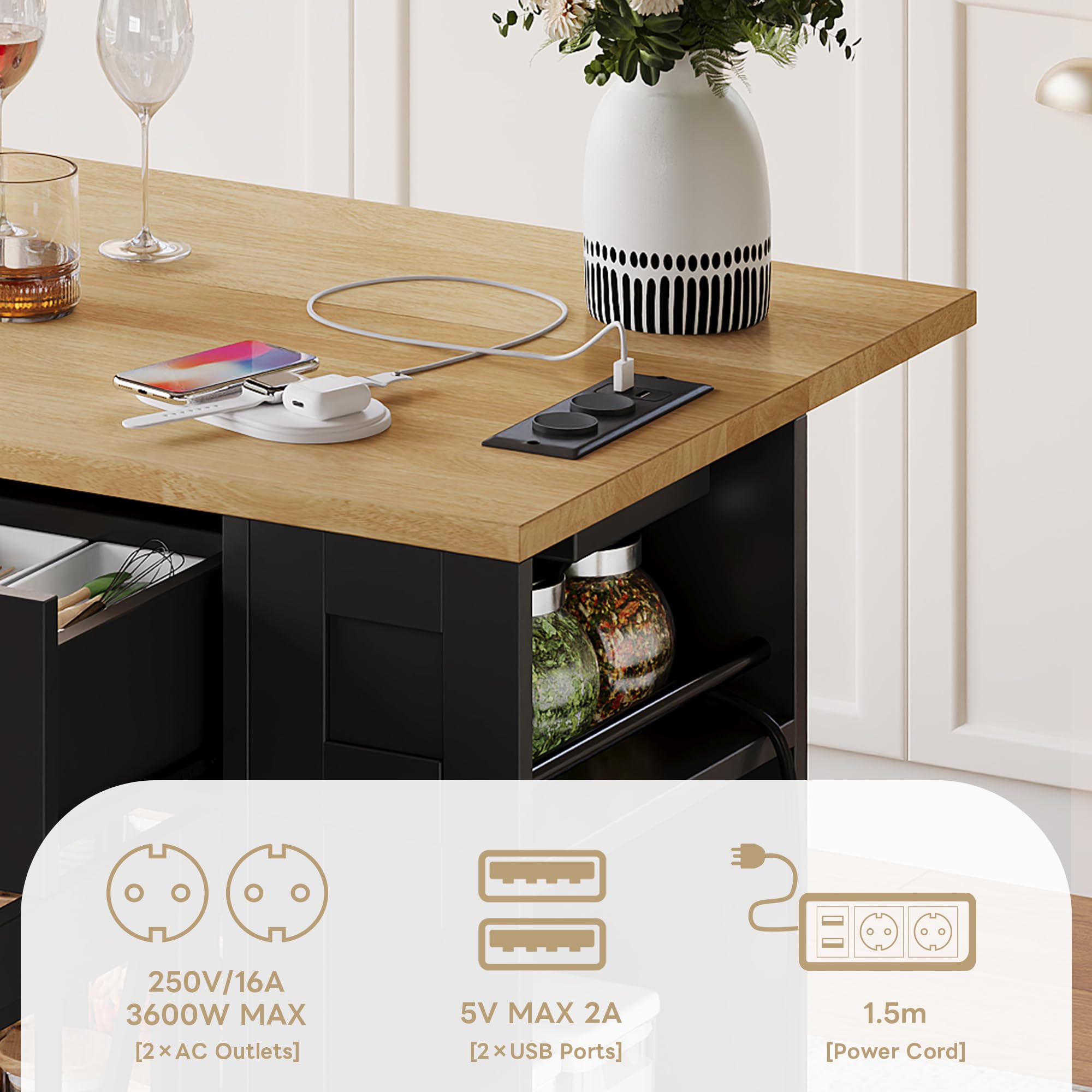 Shye Isola da cucina portatile 120 cm con tavolo da pranzo pieghevole, ripiano aperto, porta AC, porta USB, porta in vetro, laminato regolabile, ruote con freni per cucina, sala da pranzo, soggiorno