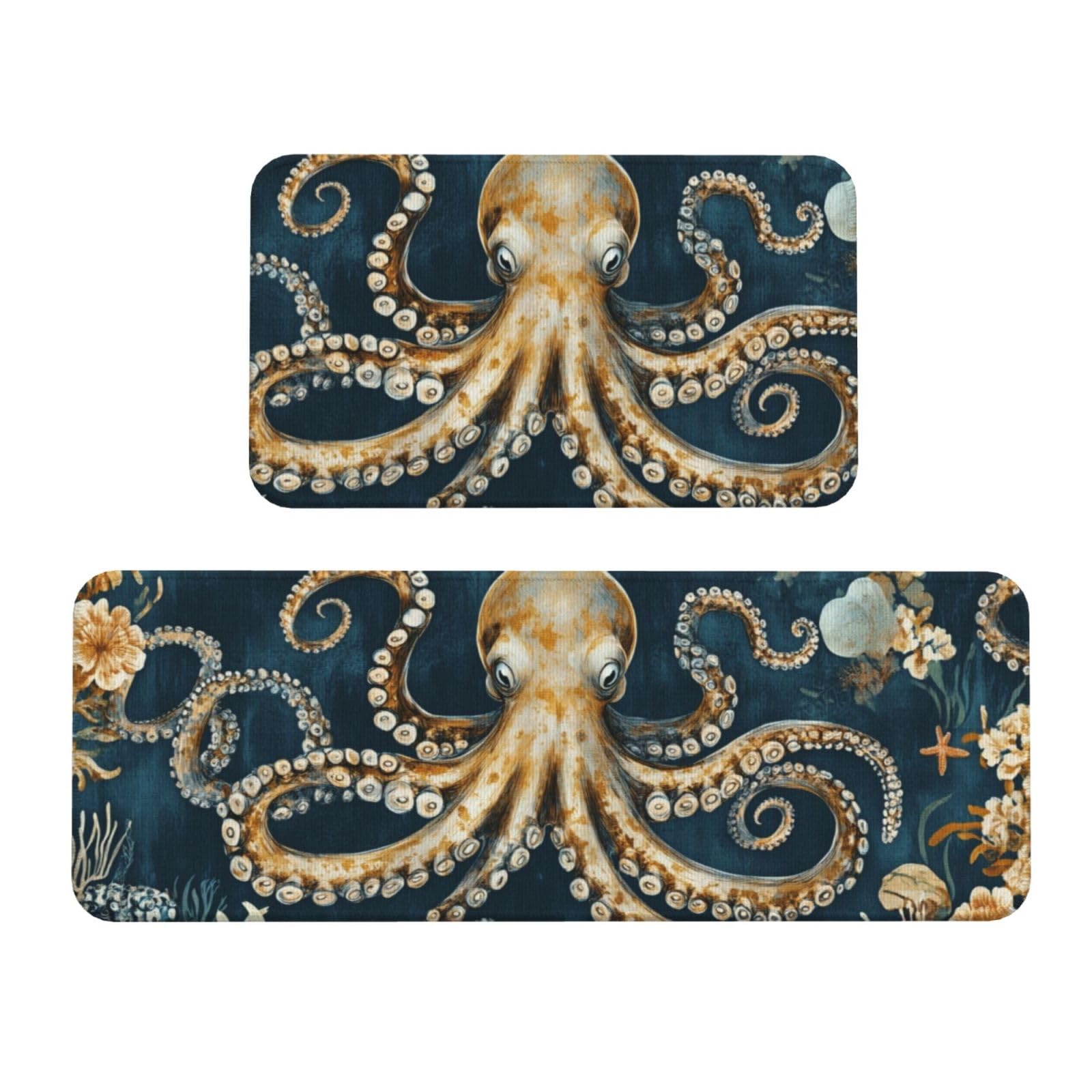Tapetes de cocina antideslizantes y acolchados con diseño de pulpo azul para suelo cómodo