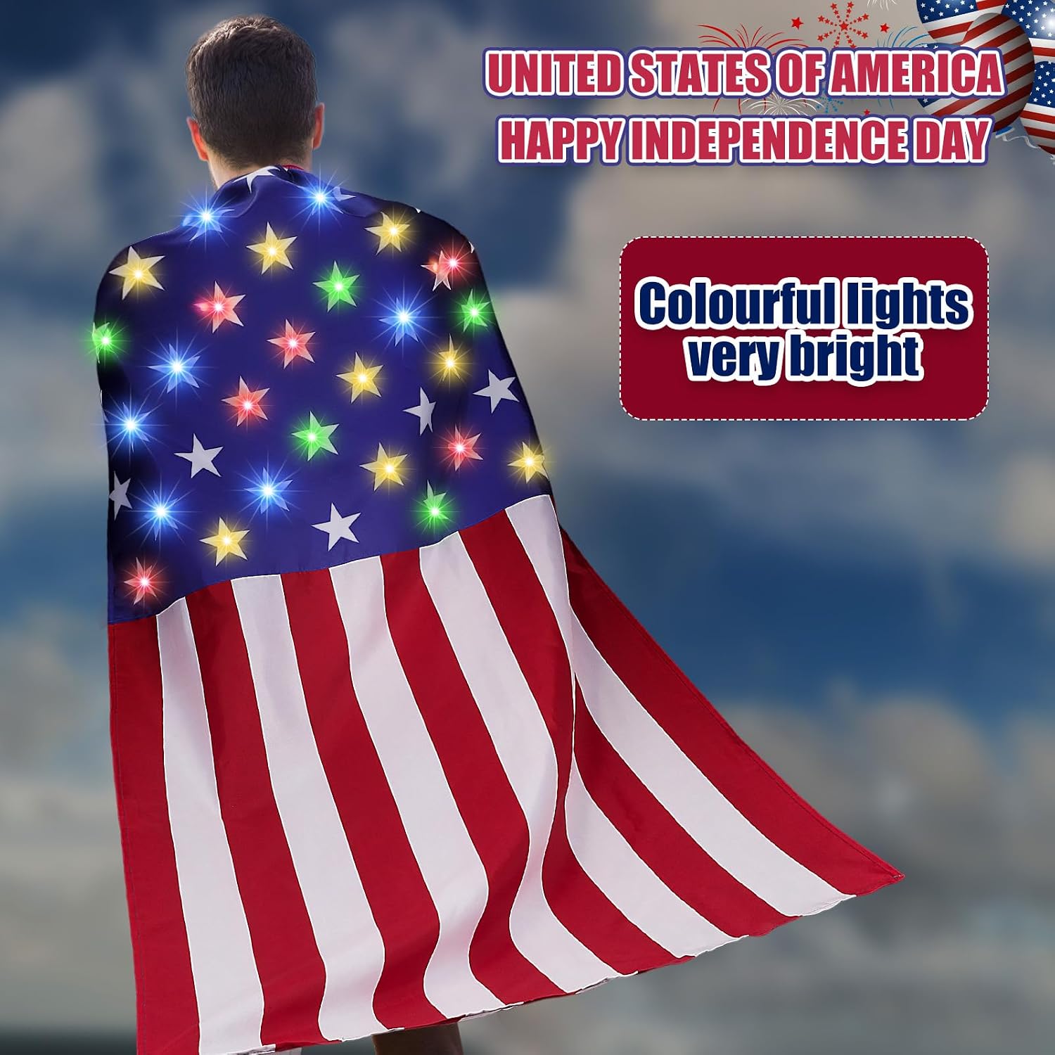 JaGely Light up Flag Cape Costume Cloak for Men Adult Party Celebration(Batteries Not Included)