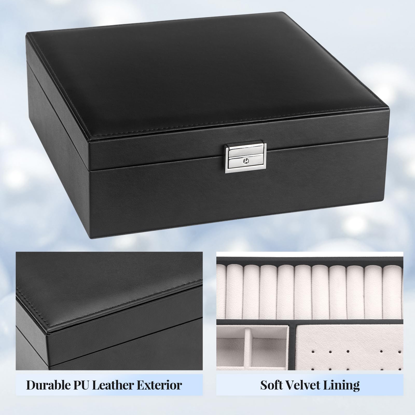 COOYUY Large Jewelry Box with Lock, Jewelry Boxes for Women Men Ideal Gift, Double Layers Jewelry Organizer, Jewelry Case for Storing Earrings Rings Necklaces Bracelets