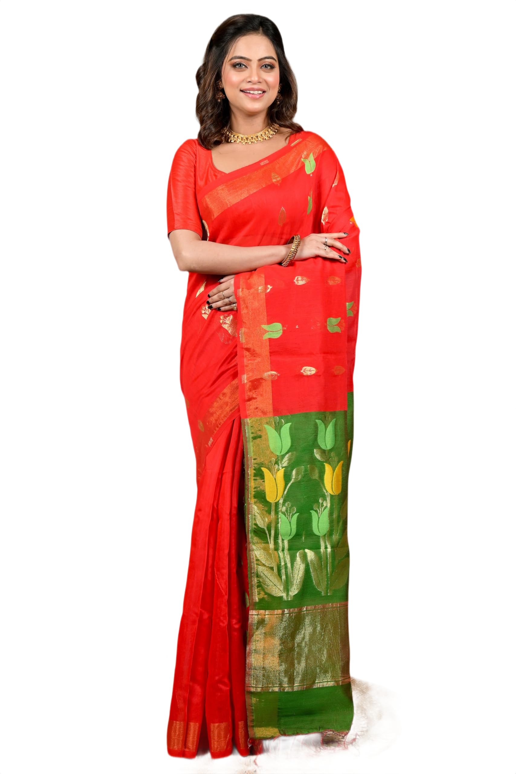 Blended Cotton Handloom Saree with Traditional Motifs, 5.5 Meters with 0.8 Meter Blouse Piece-image-5